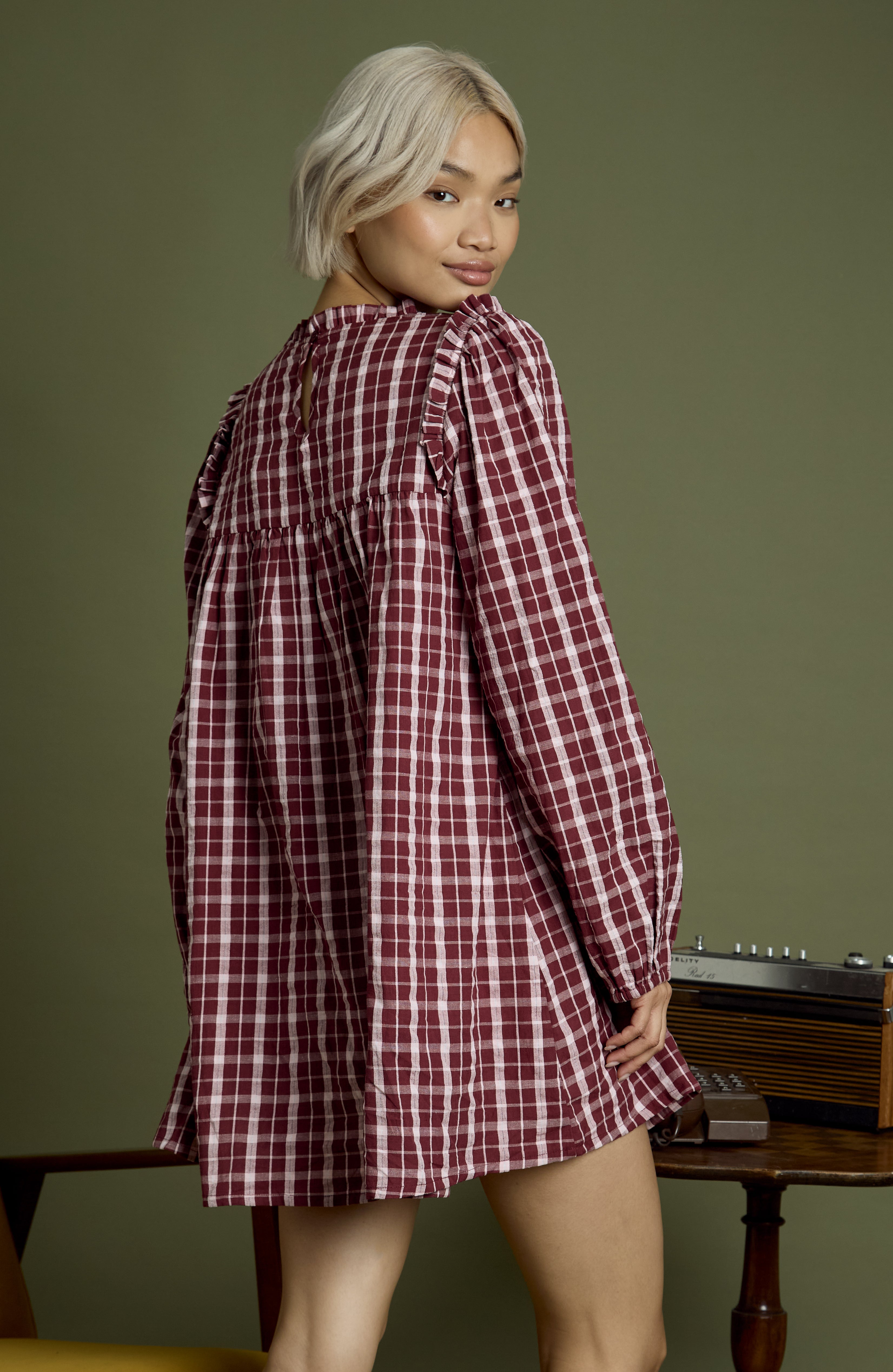 Mia High Neck Textured Check Mini Smock Dress