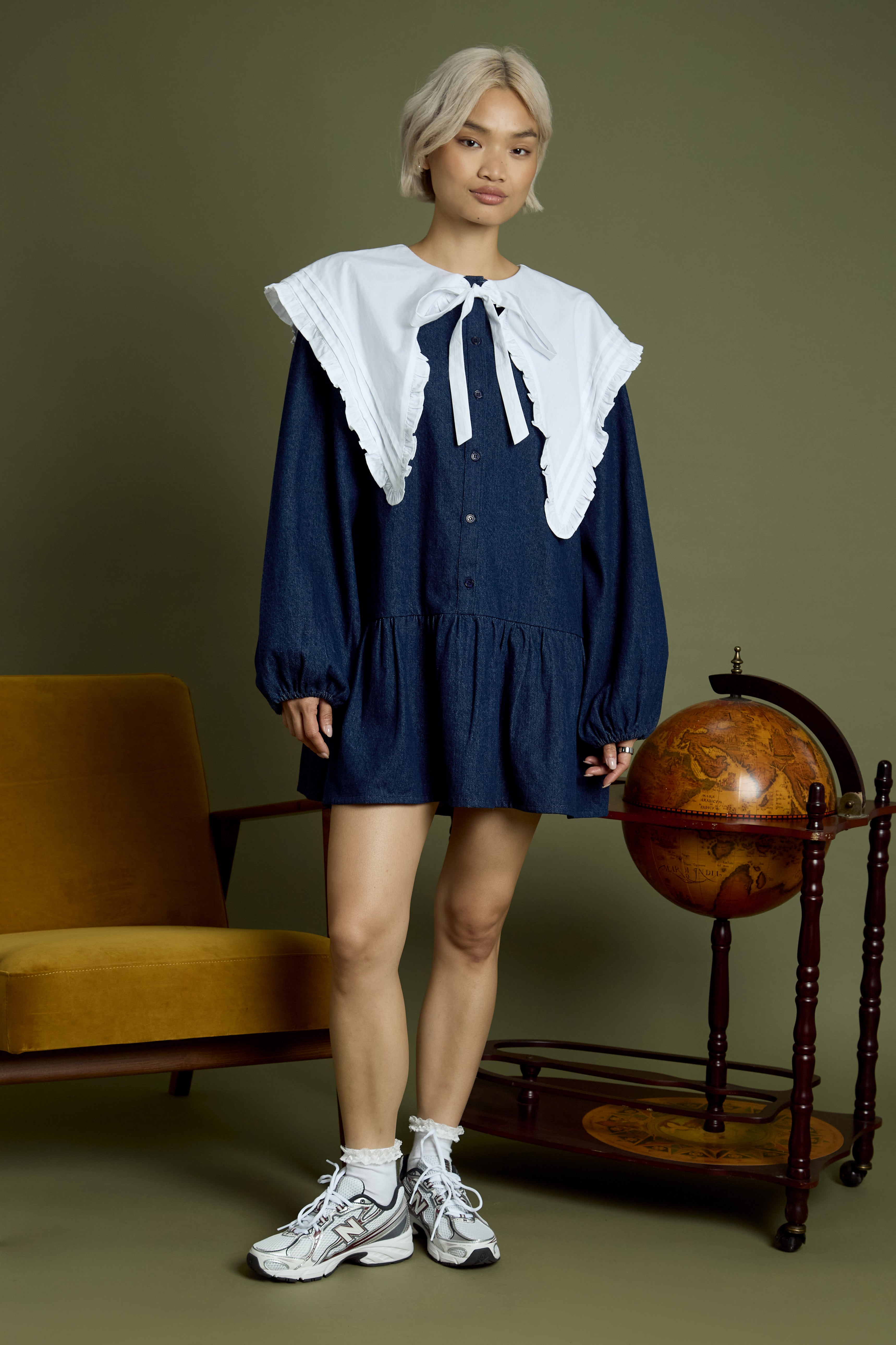Zuri Oversized Collar Denim Mini Smock Dress
