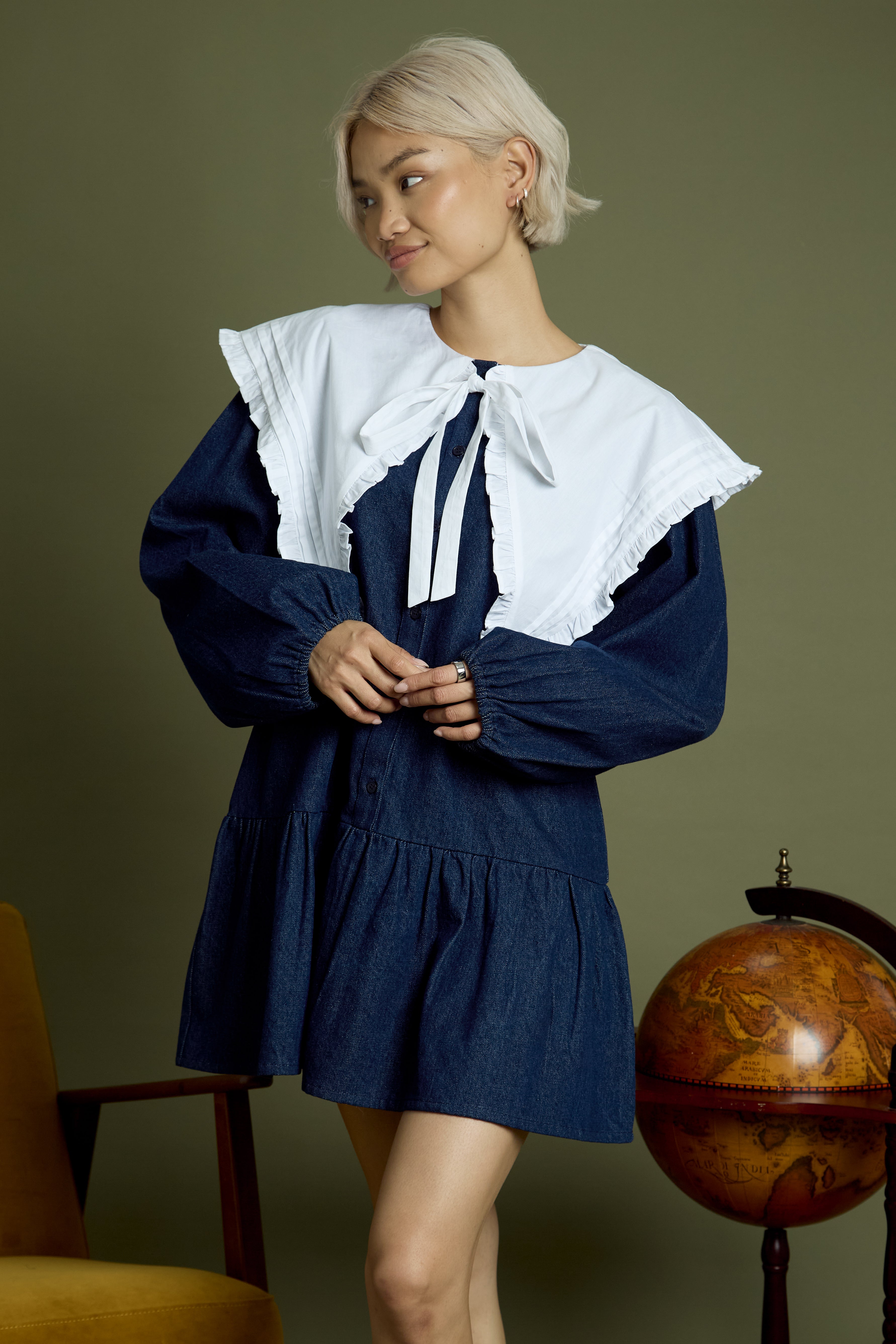 Zuri Oversized Collar Denim Mini Smock Dress