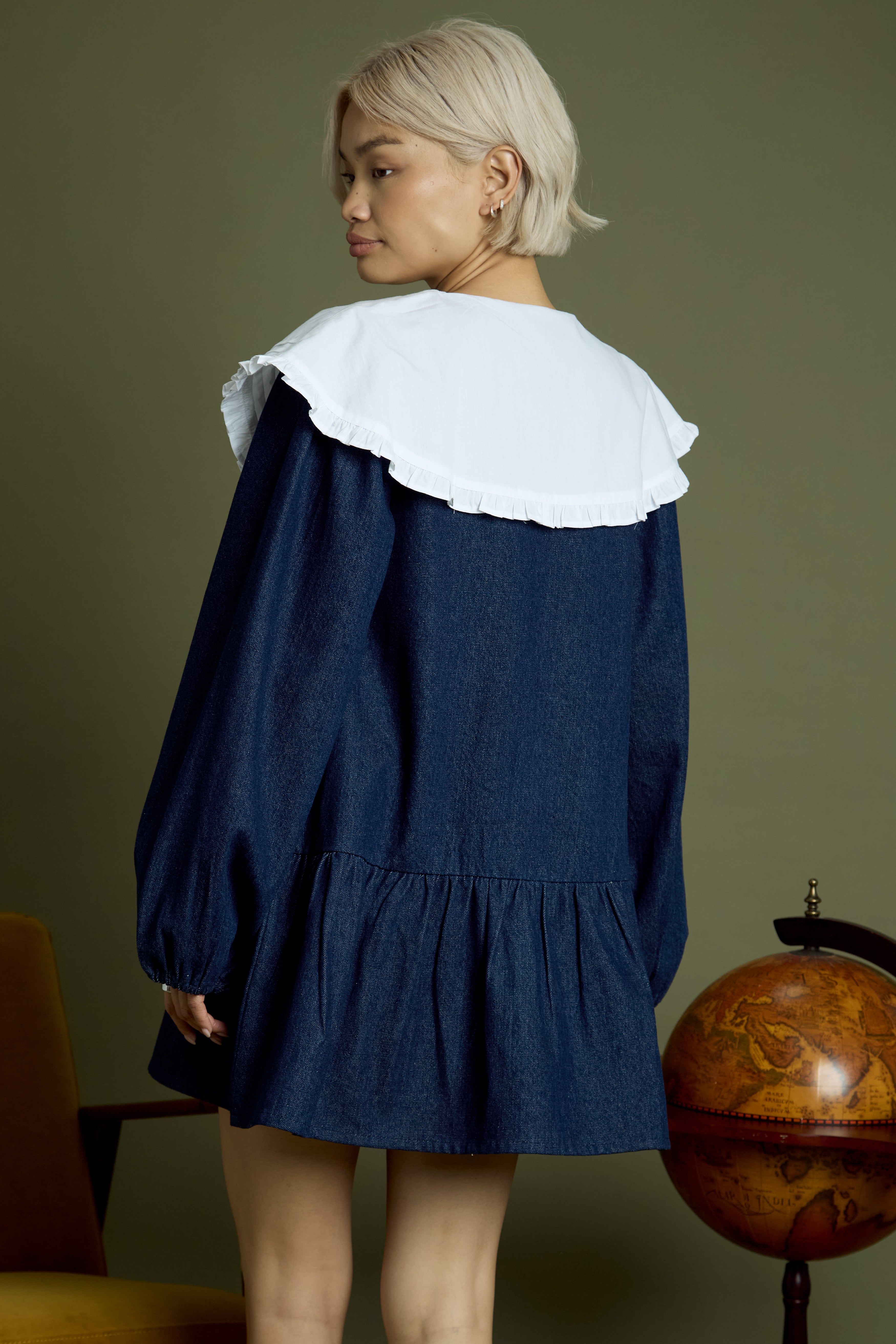 Zuri Oversized Collar Denim Mini Smock Dress