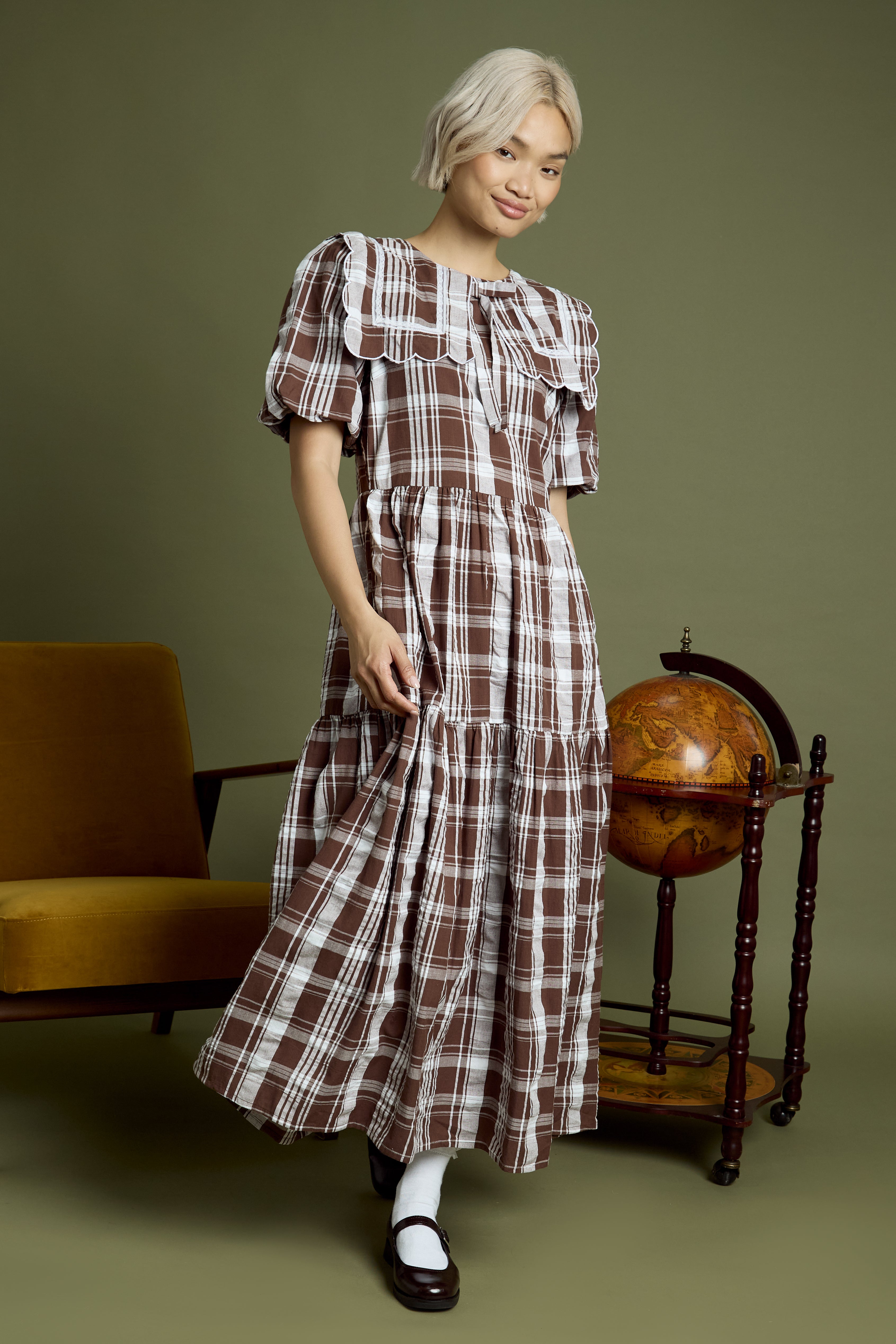 Taffy Collar Detail Check Print Midaxi Dress