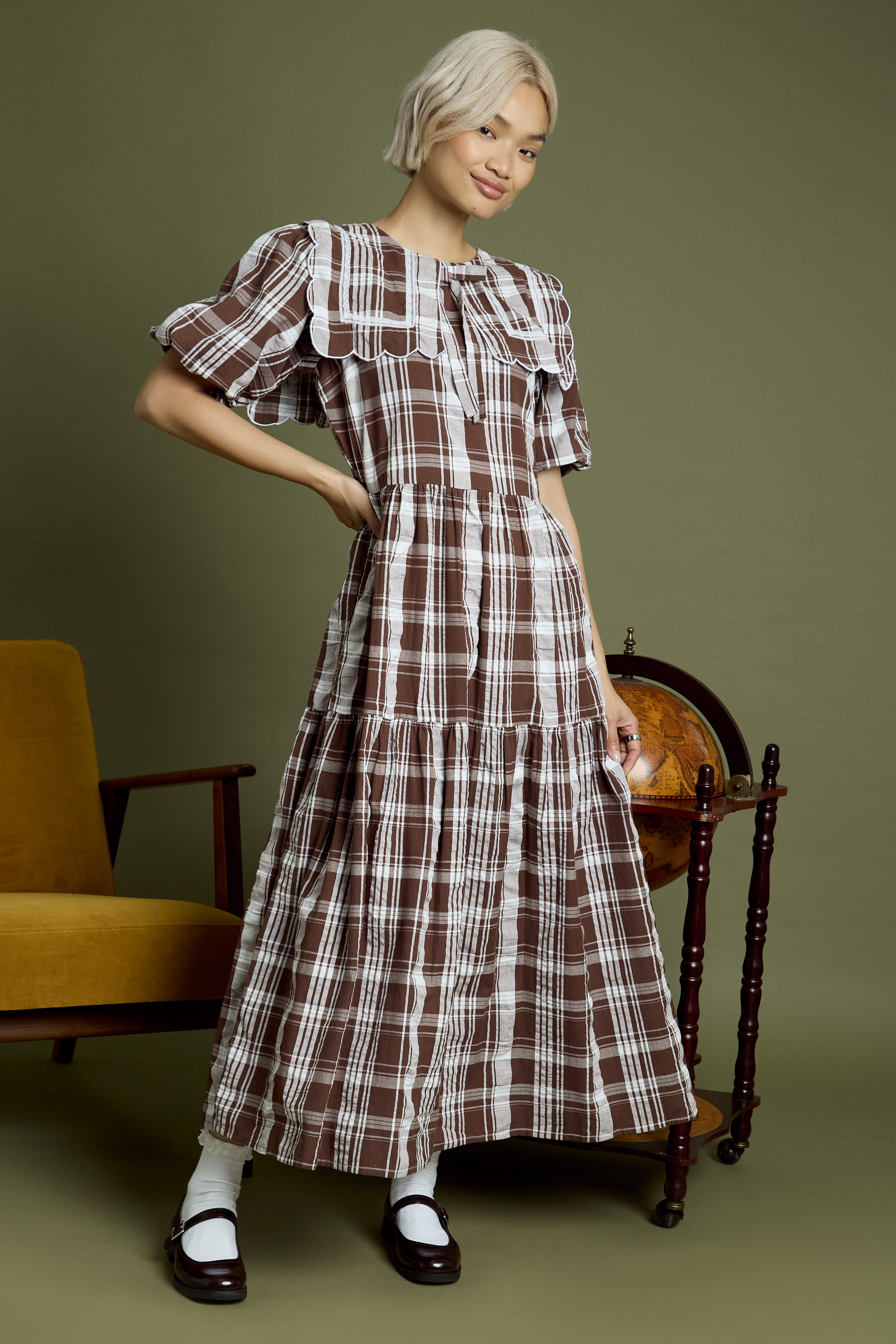 Taffy Collar Detail Check Print Midaxi Dress