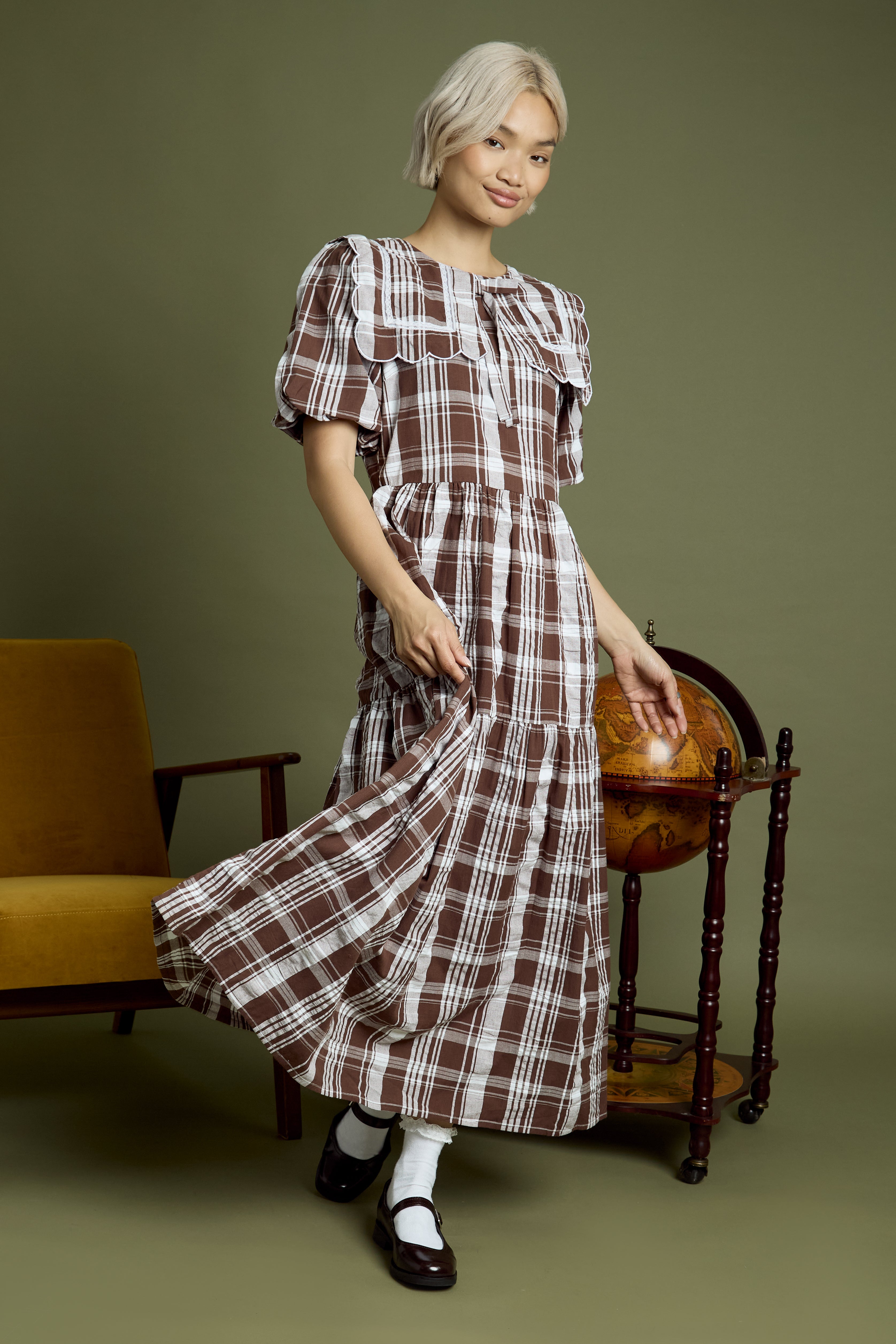 Taffy Collar Detail Check Print Midaxi Dress
