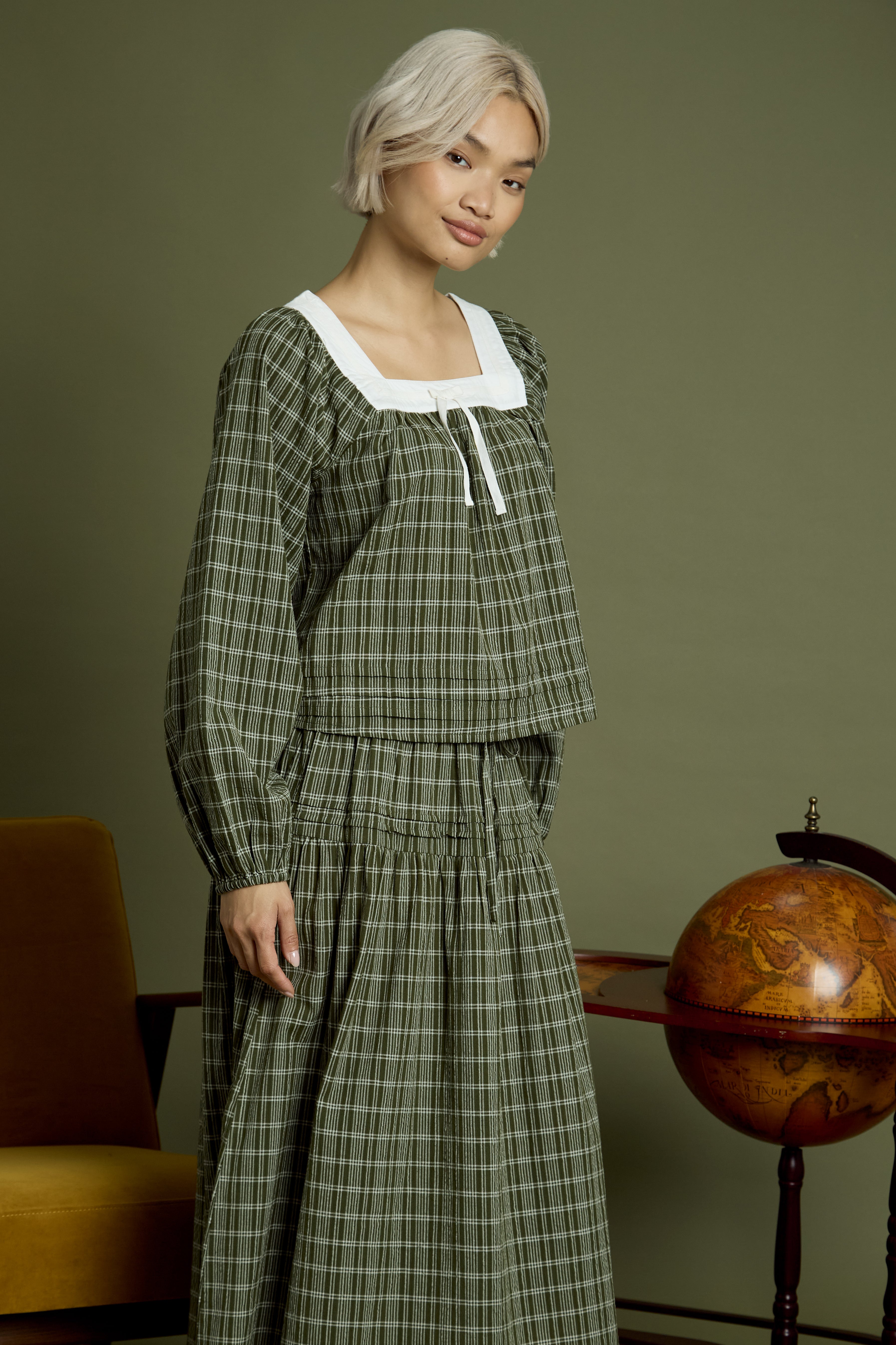 Flora Check Square Collar Balloon Sleeve Blouse