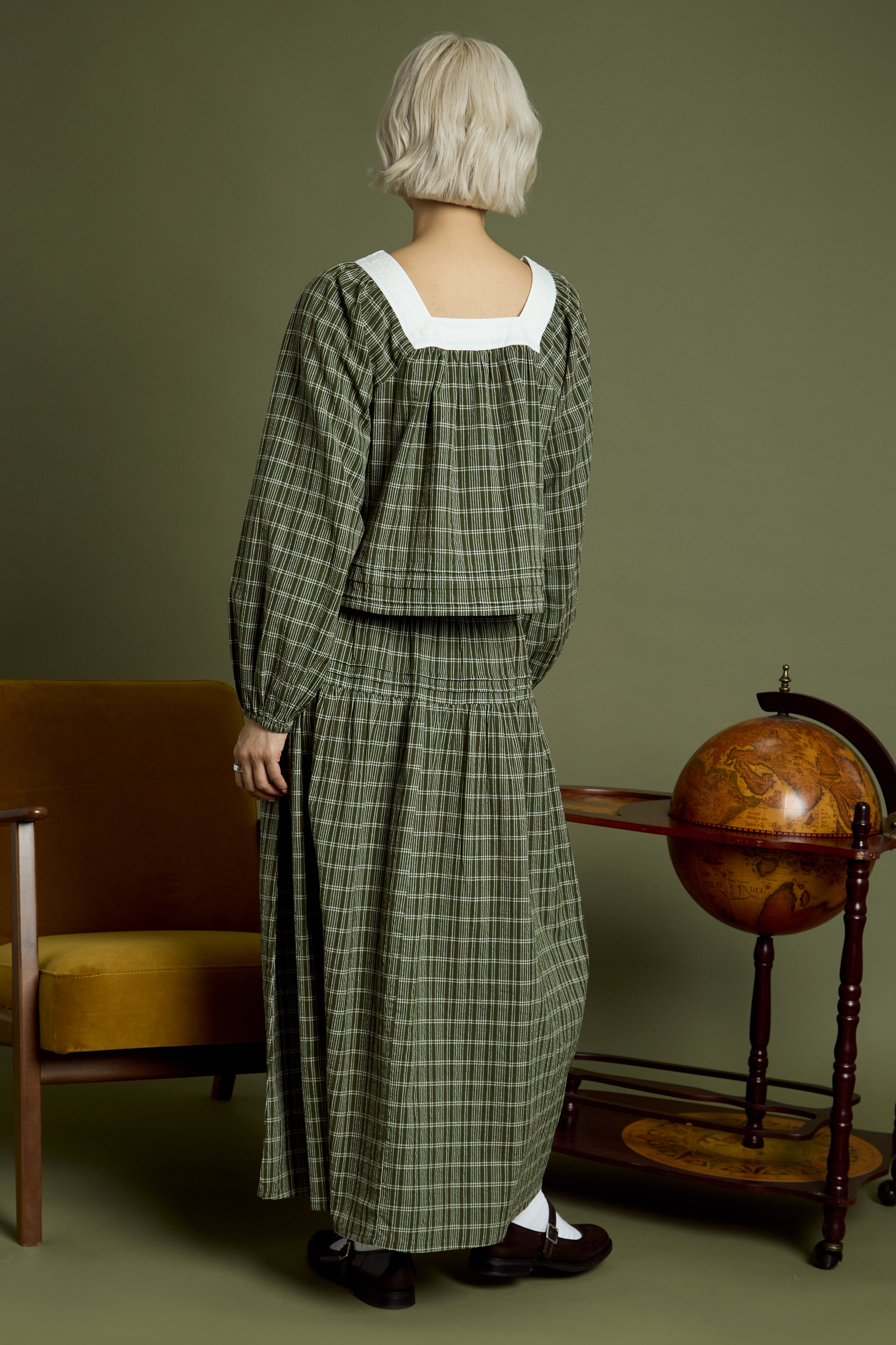 Flora Check Square Collar Balloon Sleeve Blouse