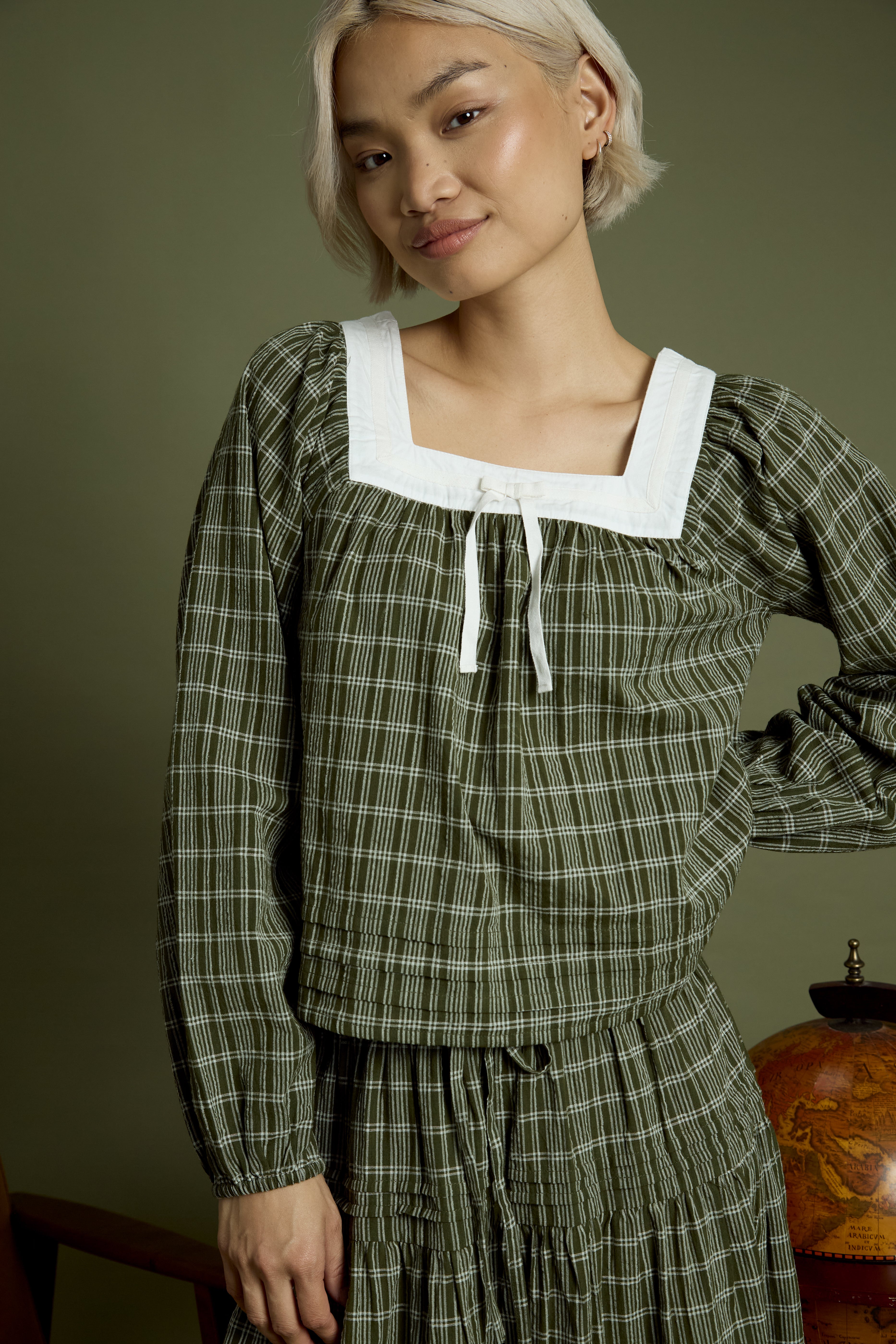 Flora Check Square Collar Balloon Sleeve Blouse