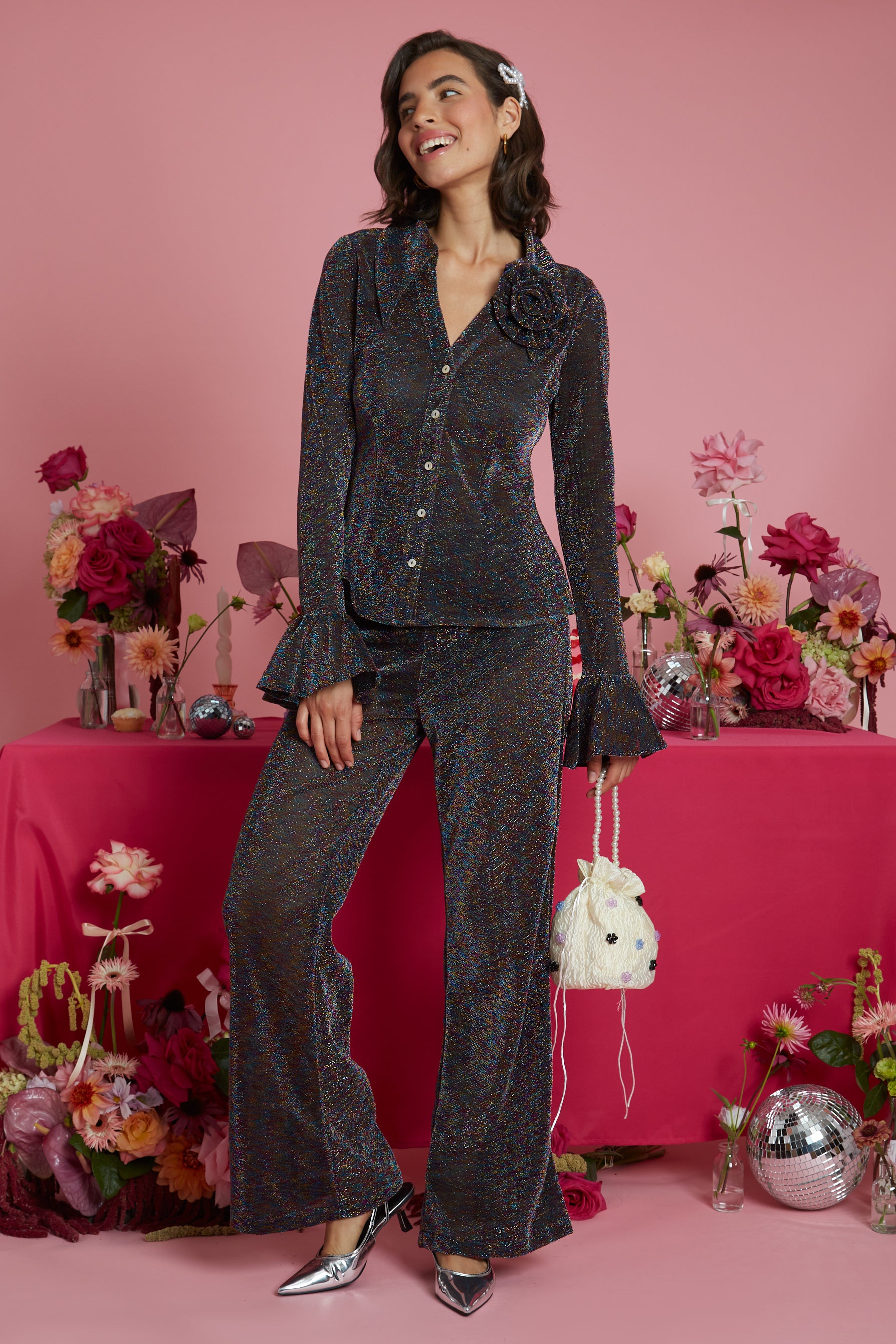 Roxanne Metallic Co Ord Flare Bottoms Neon Rose roxanne-metallic-co-ord-flare-bottoms-neon-rose