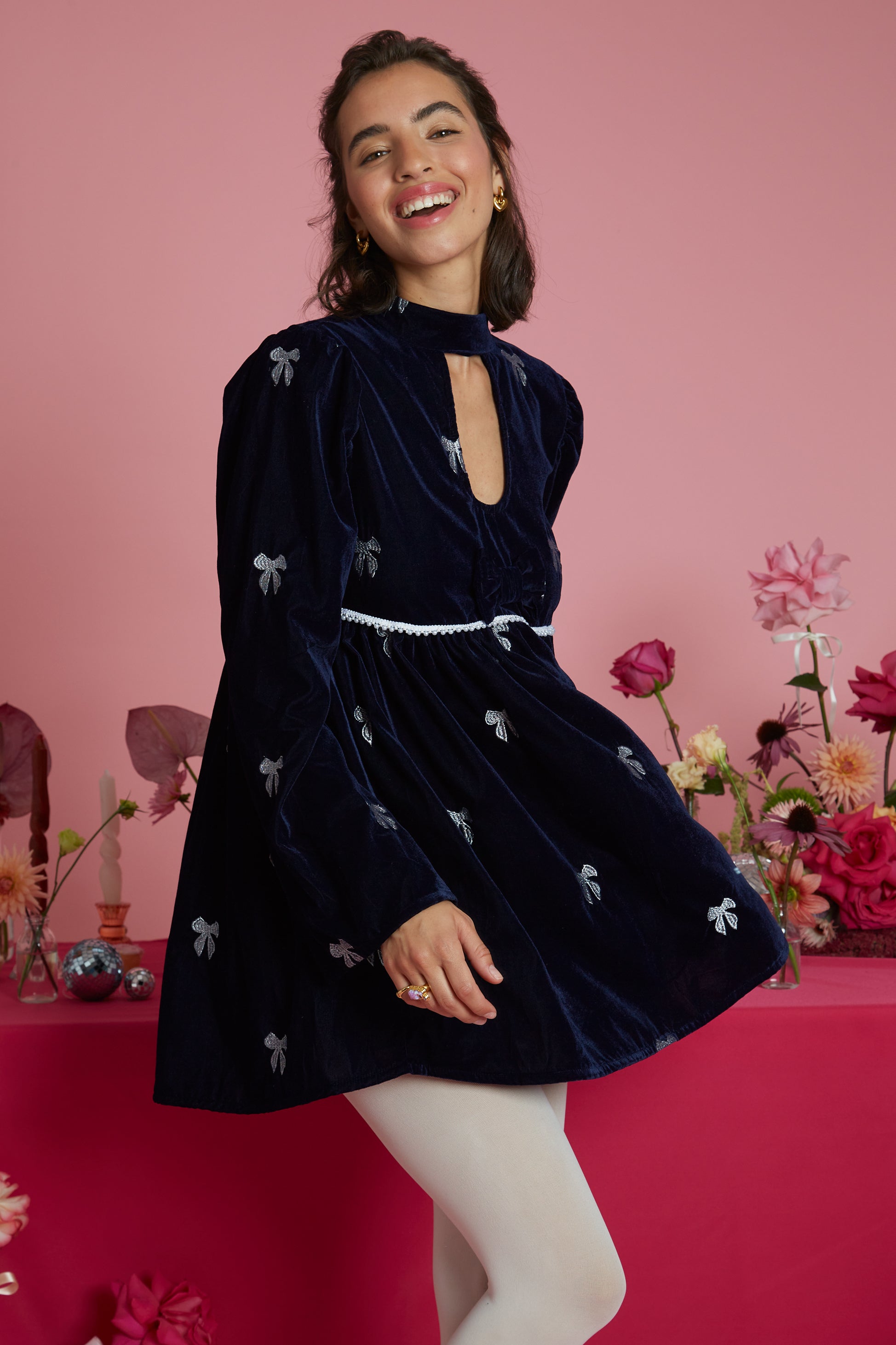 Rachael Embellished Bow Detail Velvet Mini Dress