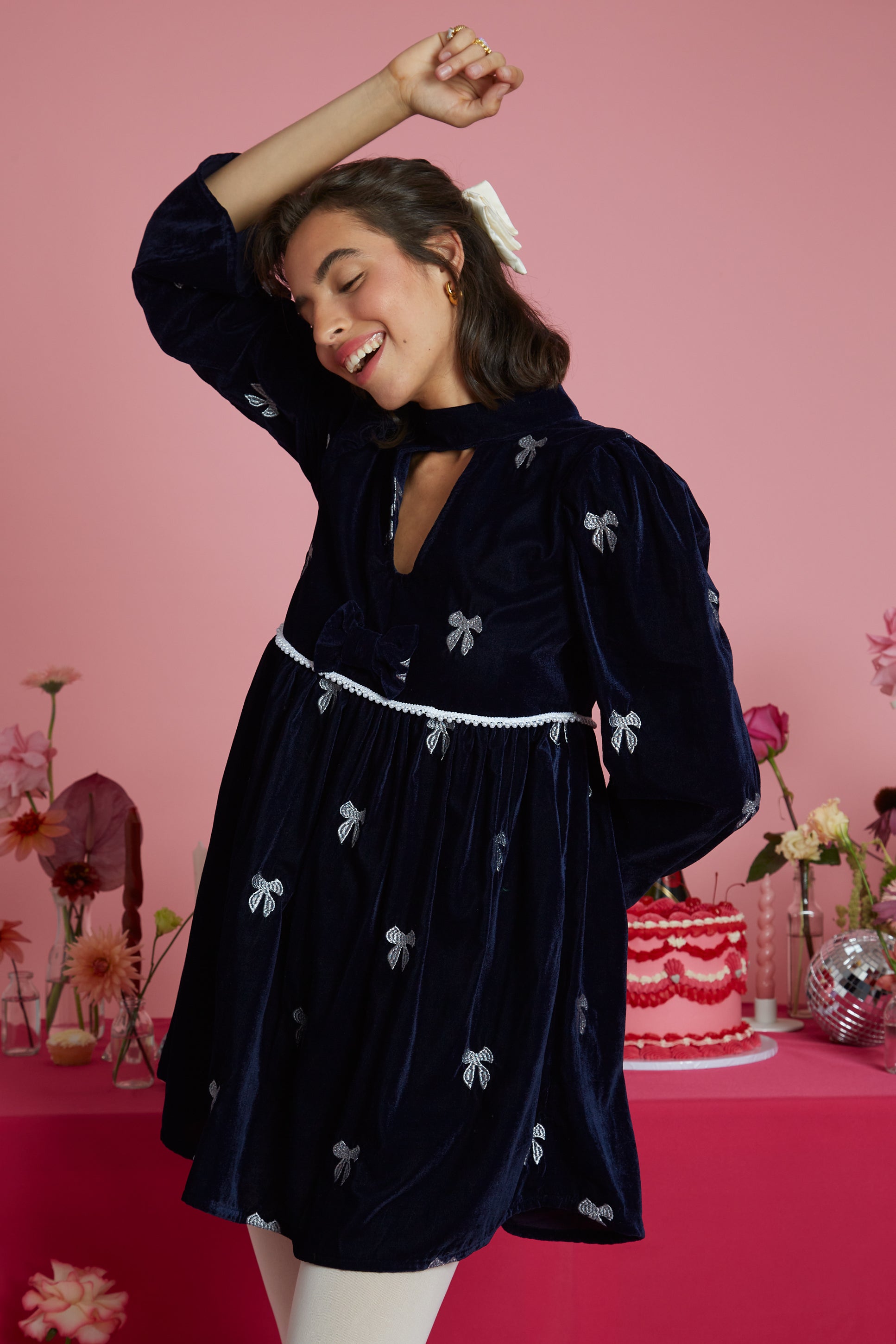 Rachael Embellished Bow Detail Velvet Mini Dress