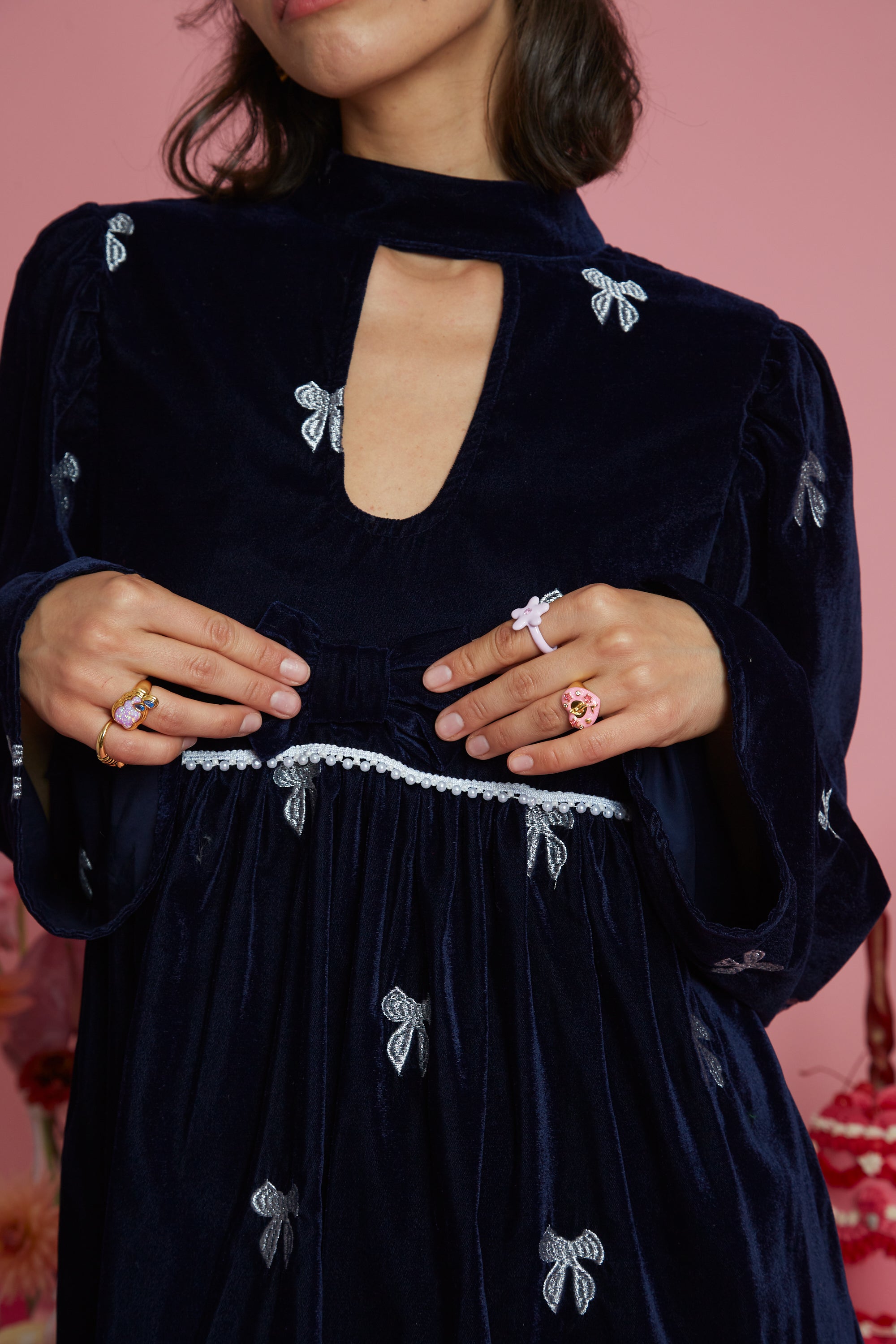 Rachael Embellished Bow Detail Velvet Mini Dress