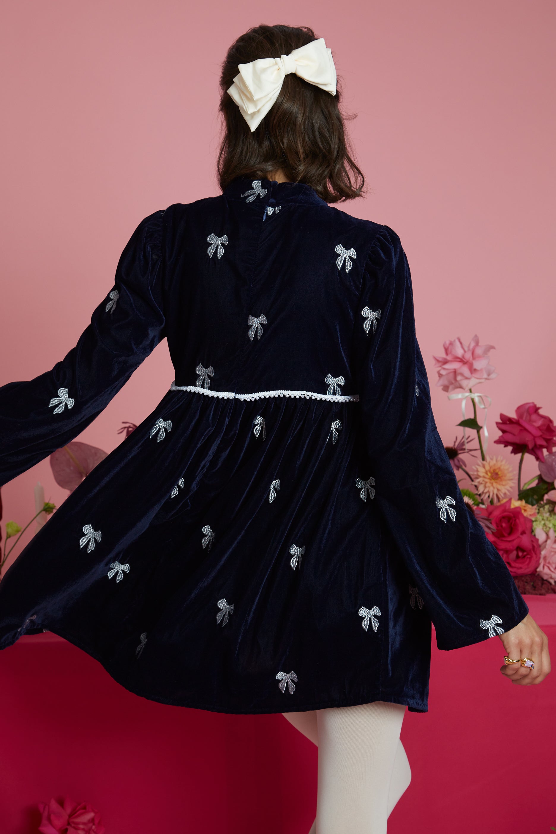 Rachael Embellished Bow Detail Velvet Mini Dress