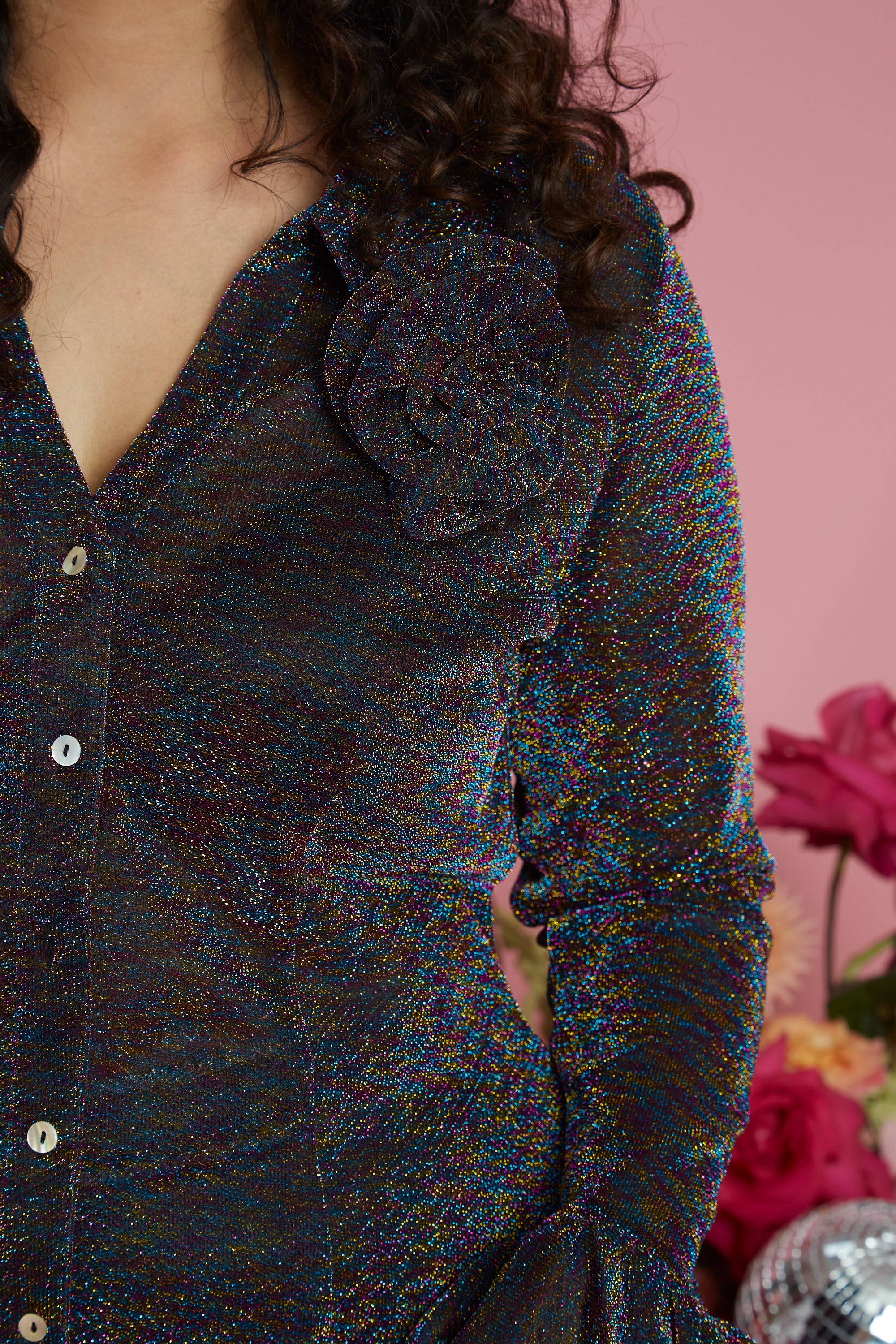 Roxanne Corsage Detail Metallic Co-ord Shirt - Curve