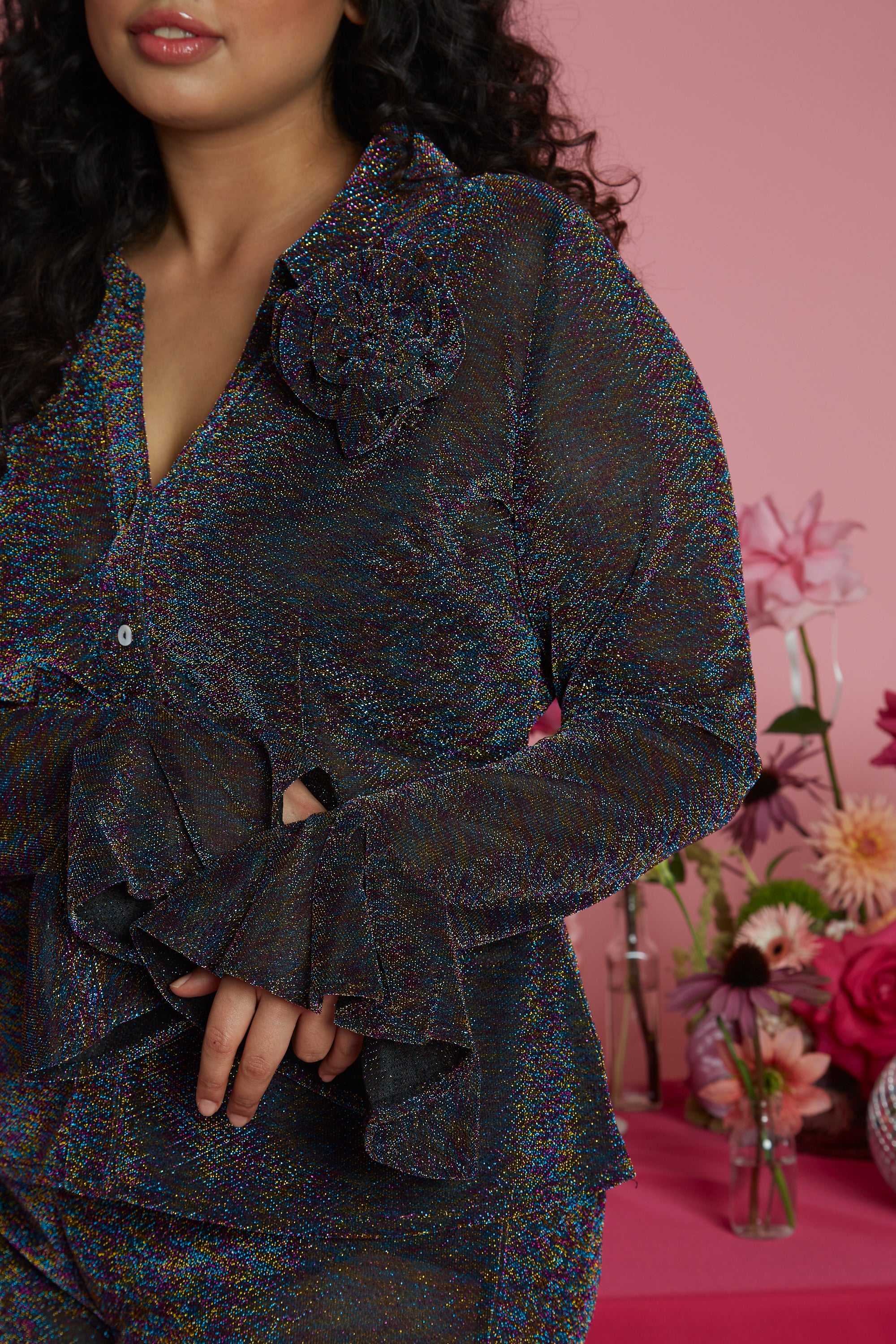 Roxanne Corsage Detail Metallic Co-ord Shirt - Curve