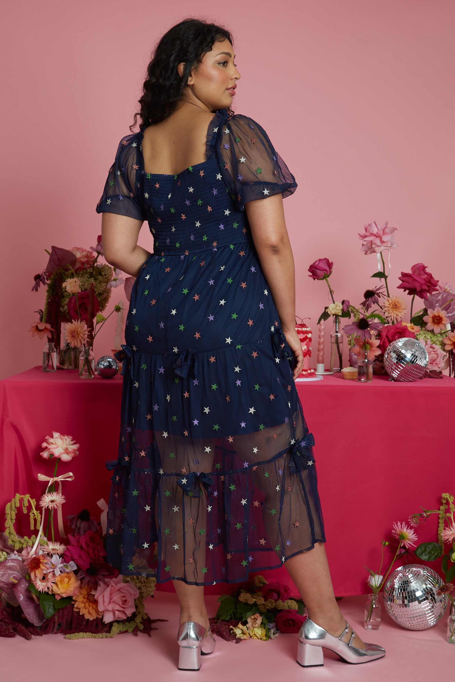 Evelyn Rainbow Star print Navy Tulle Midi Dress Curve