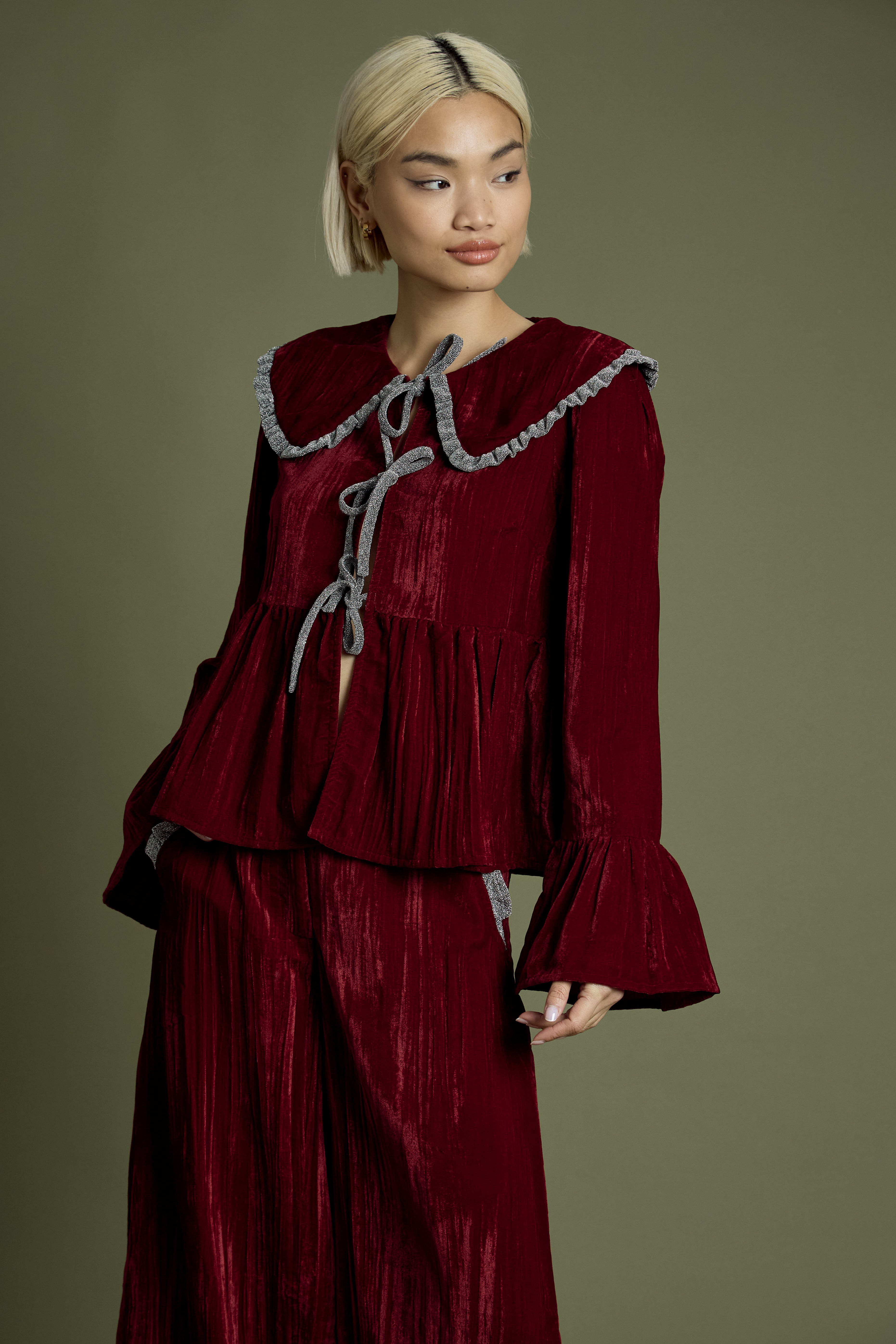 Maple Crinkle Velvet Tie detail Burgundy Blouse