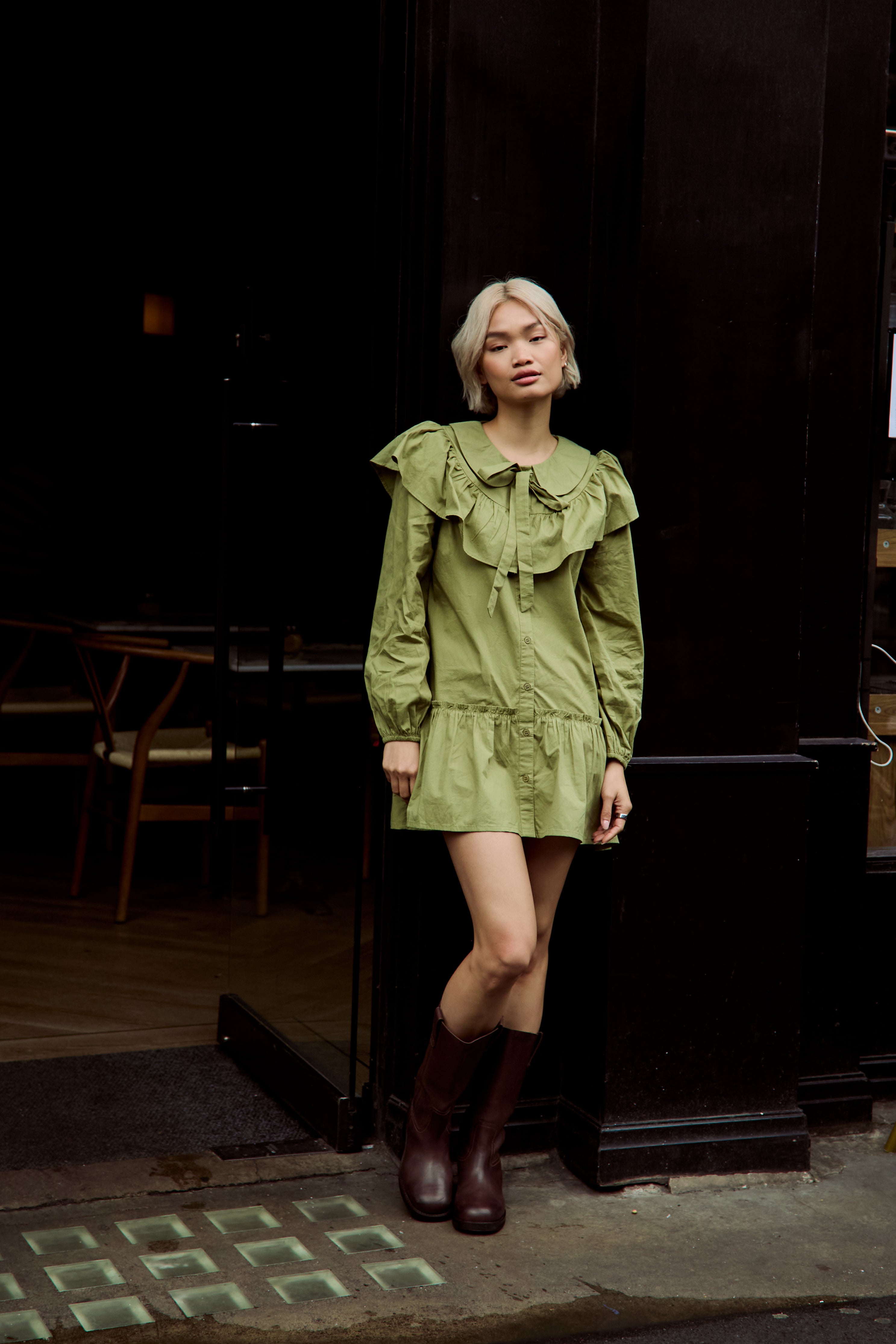 Olive Ruffle Collar Smock Dress