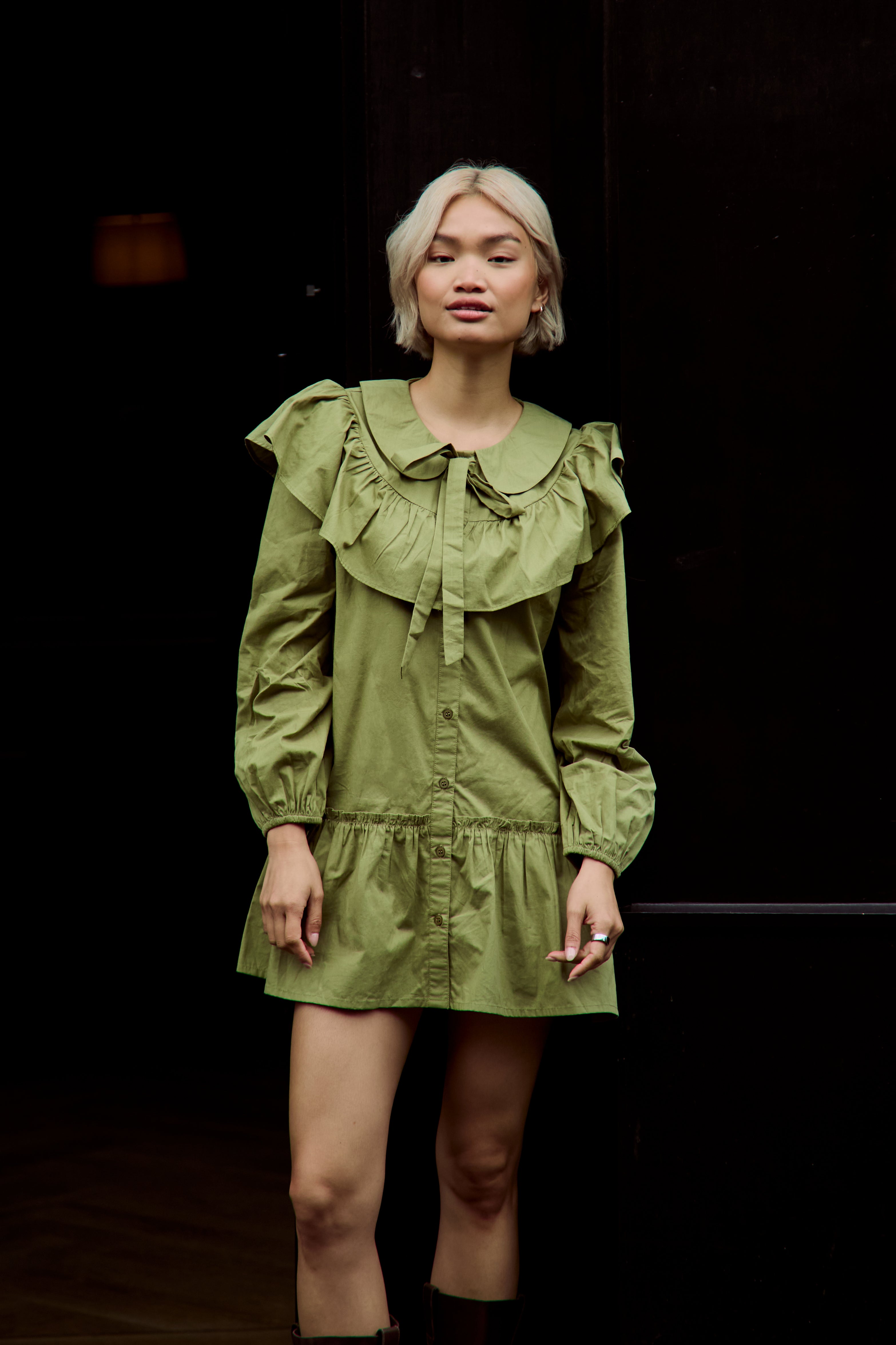 Olive Ruffle Collar Smock Dress