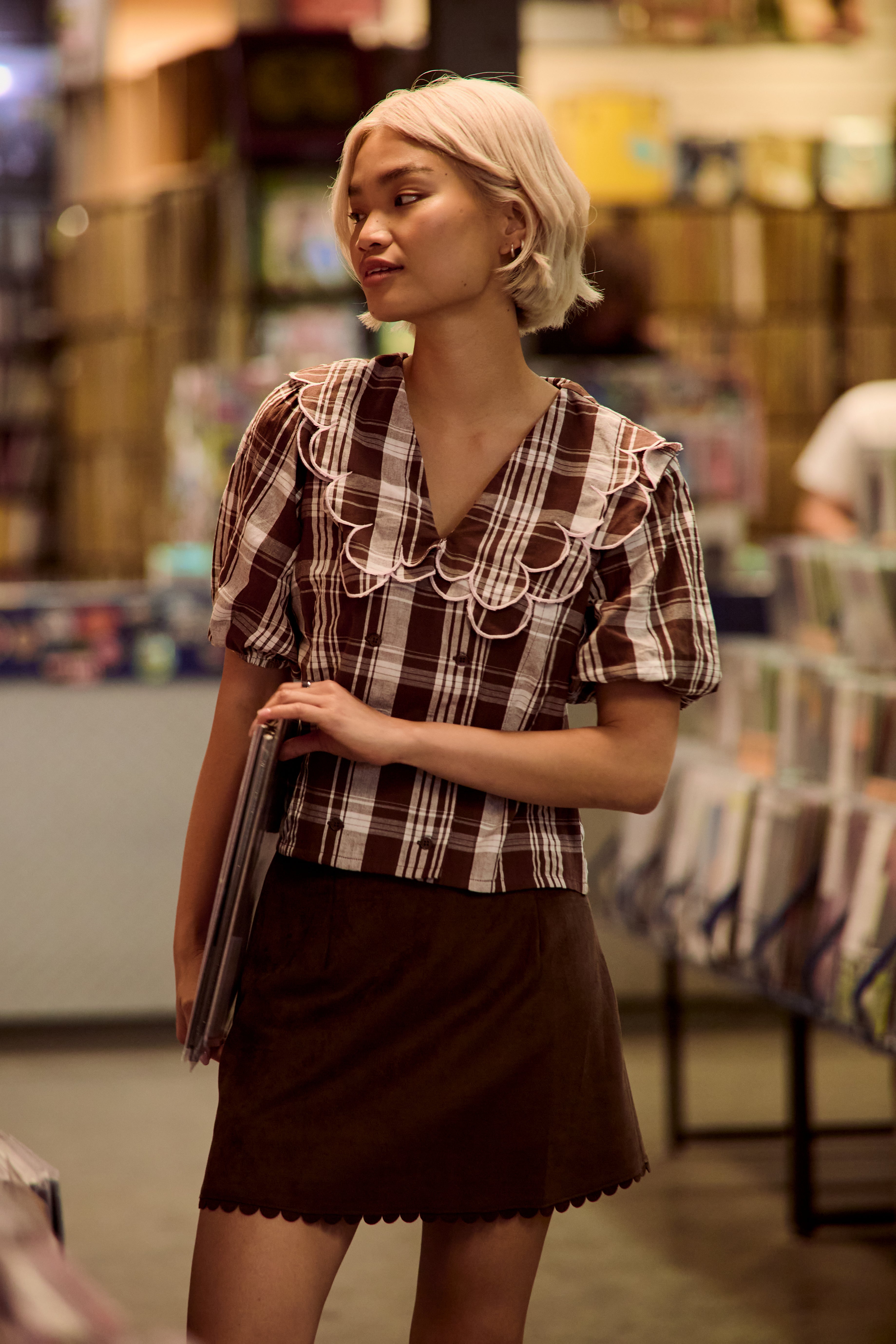 Izzy Check Print Scallop Collar Blouse