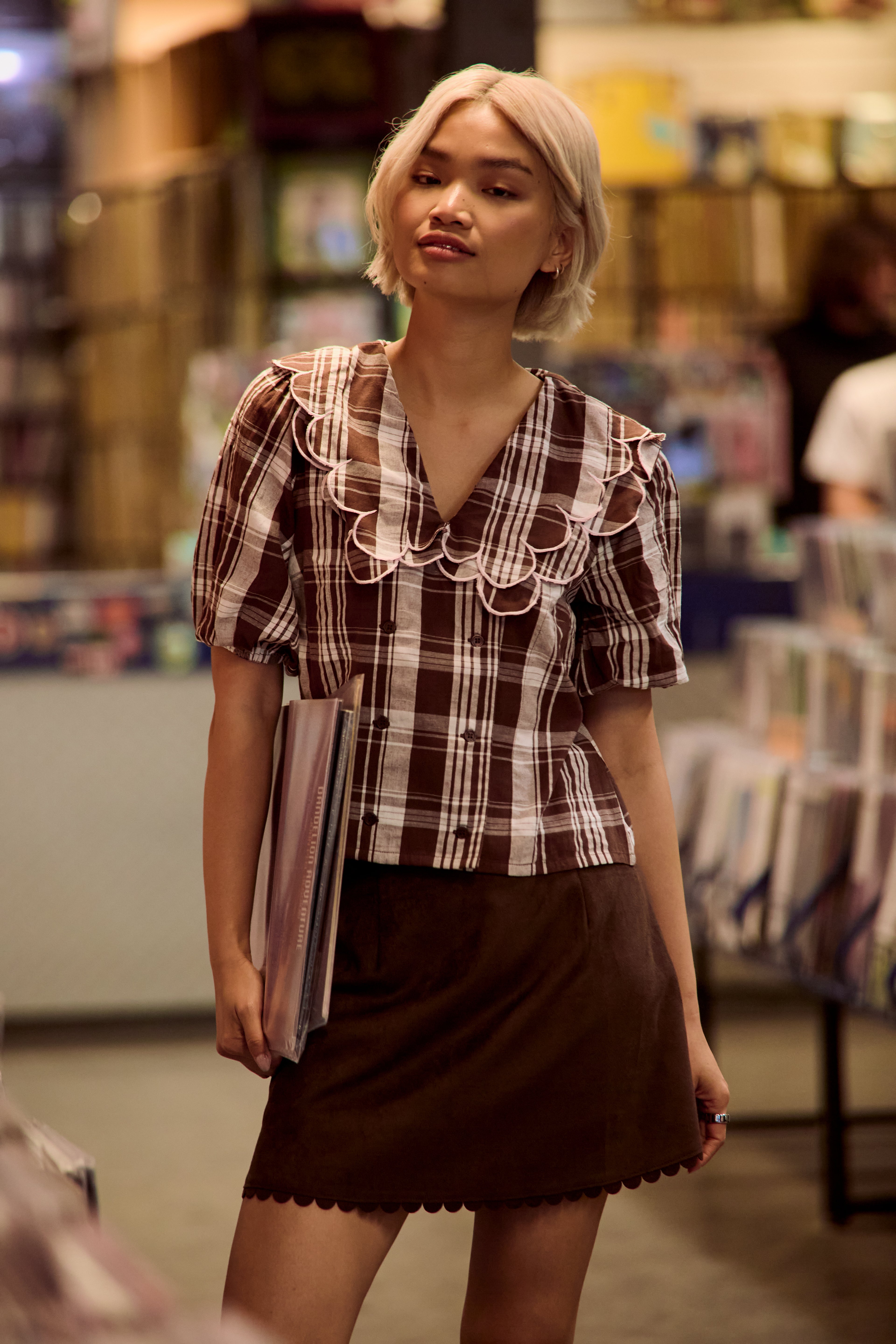 Izzy Check Print Scallop Collar Blouse