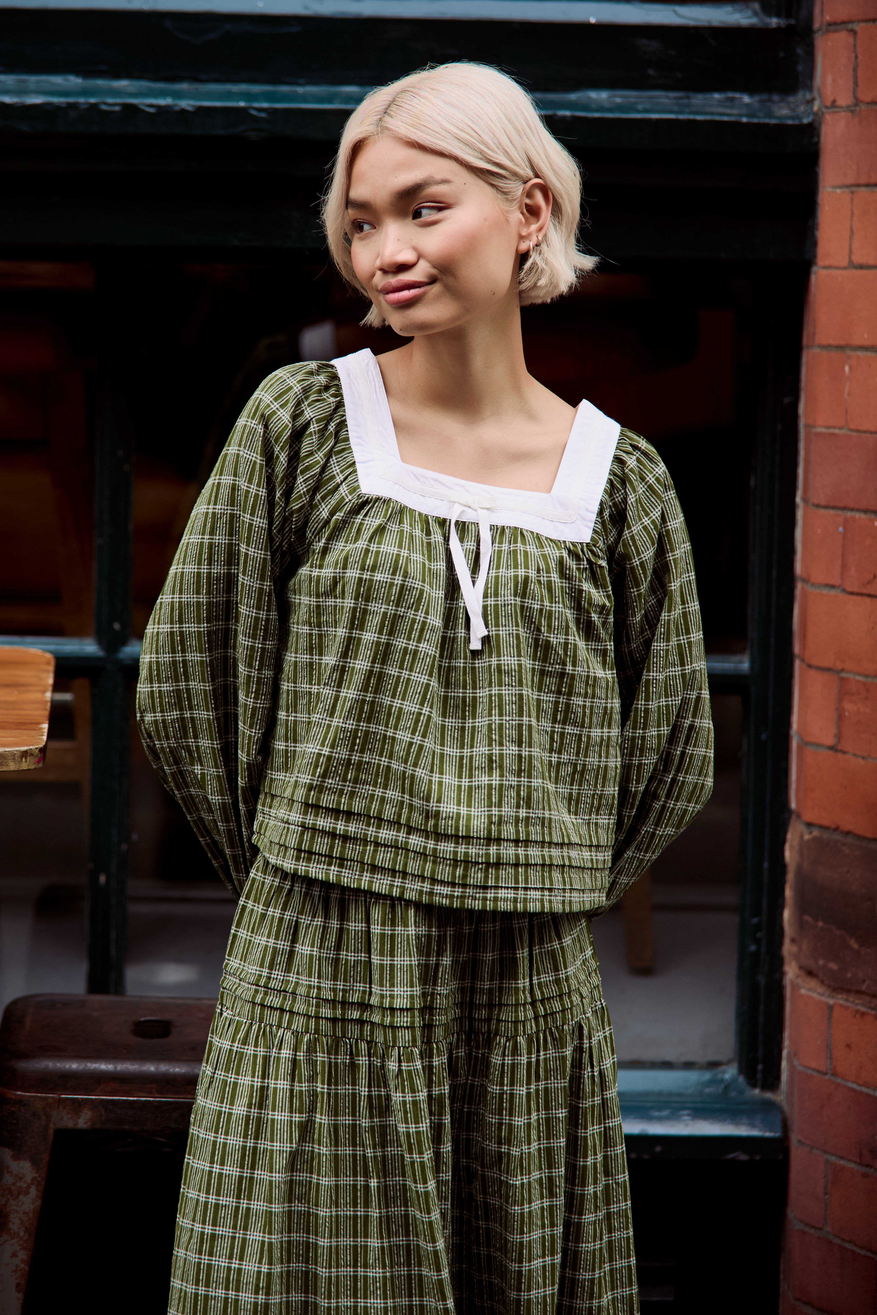 Flora Check Square Collar Balloon Sleeve Blouse