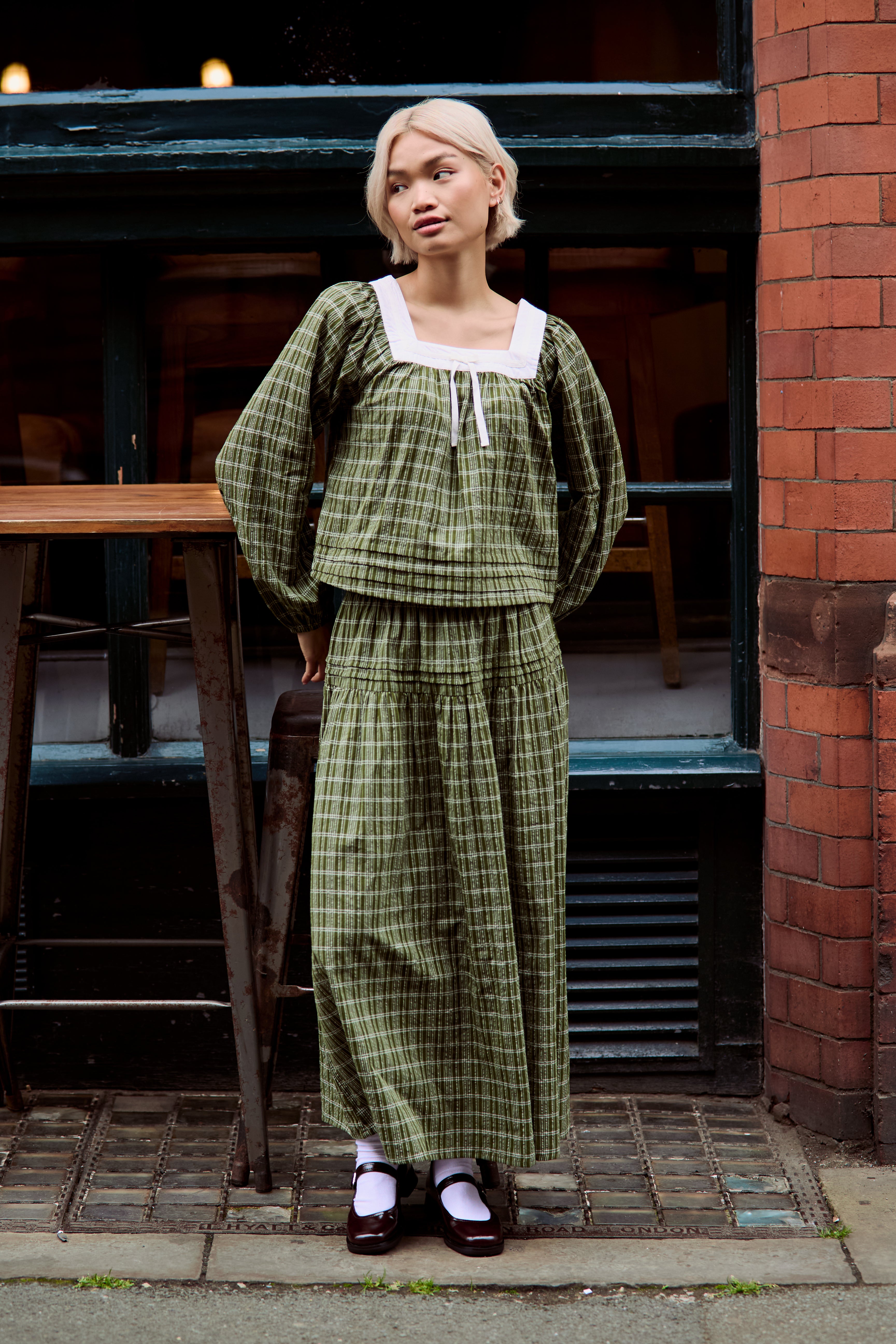 Flora Check Square Collar Balloon Sleeve Blouse