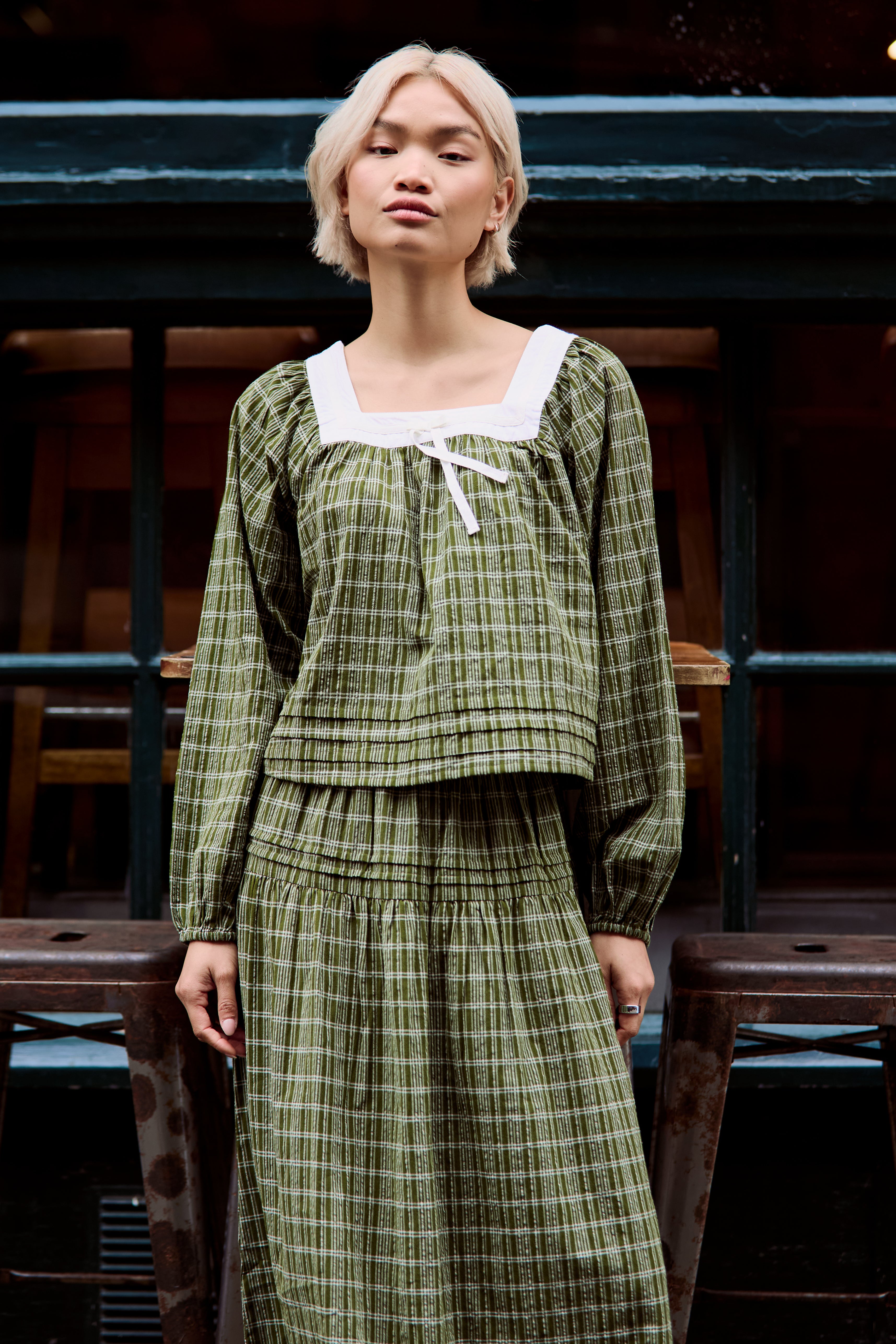 Flora Check Square Collar Balloon Sleeve Blouse