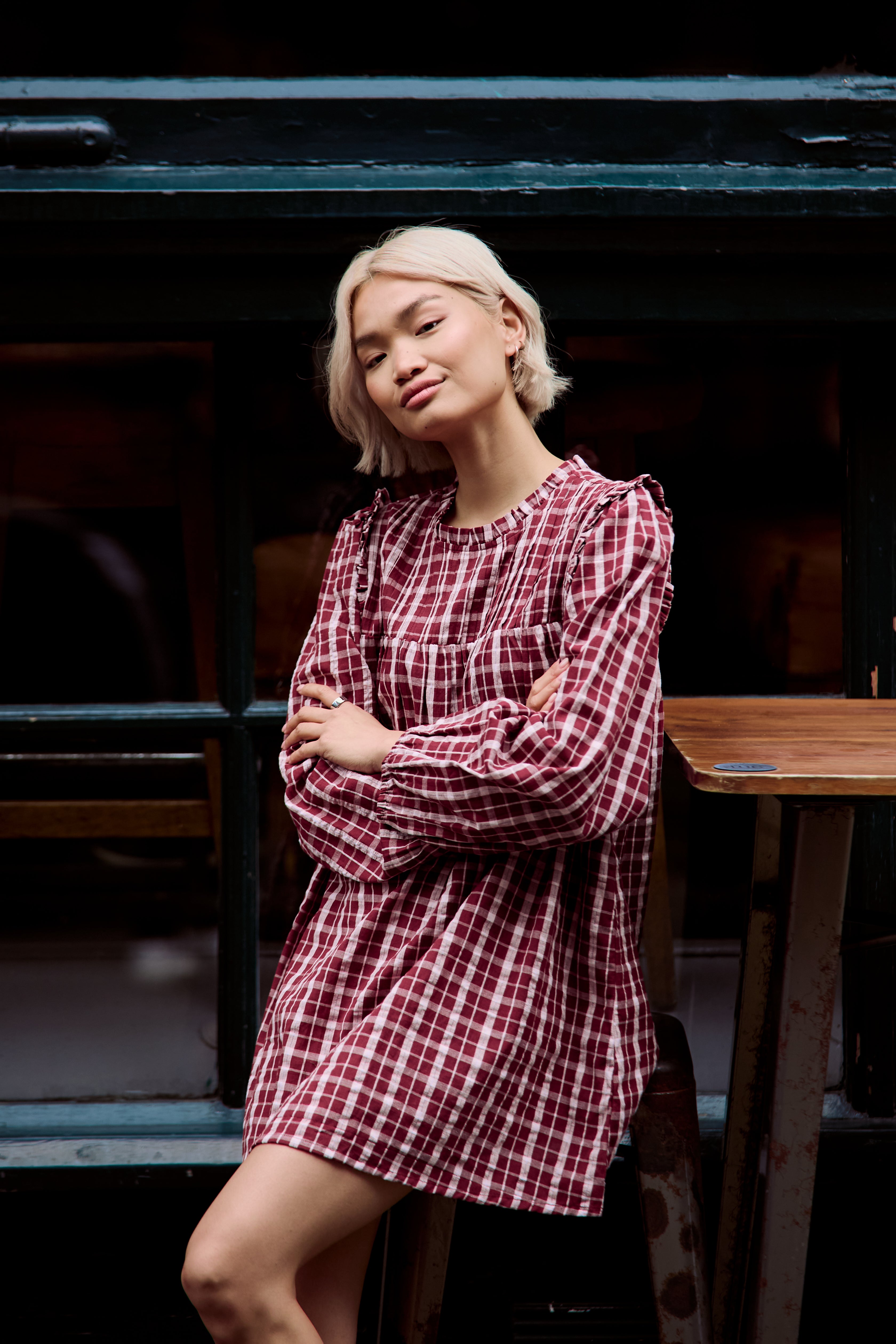 Mia High Neck Textured Check Mini Smock Dress