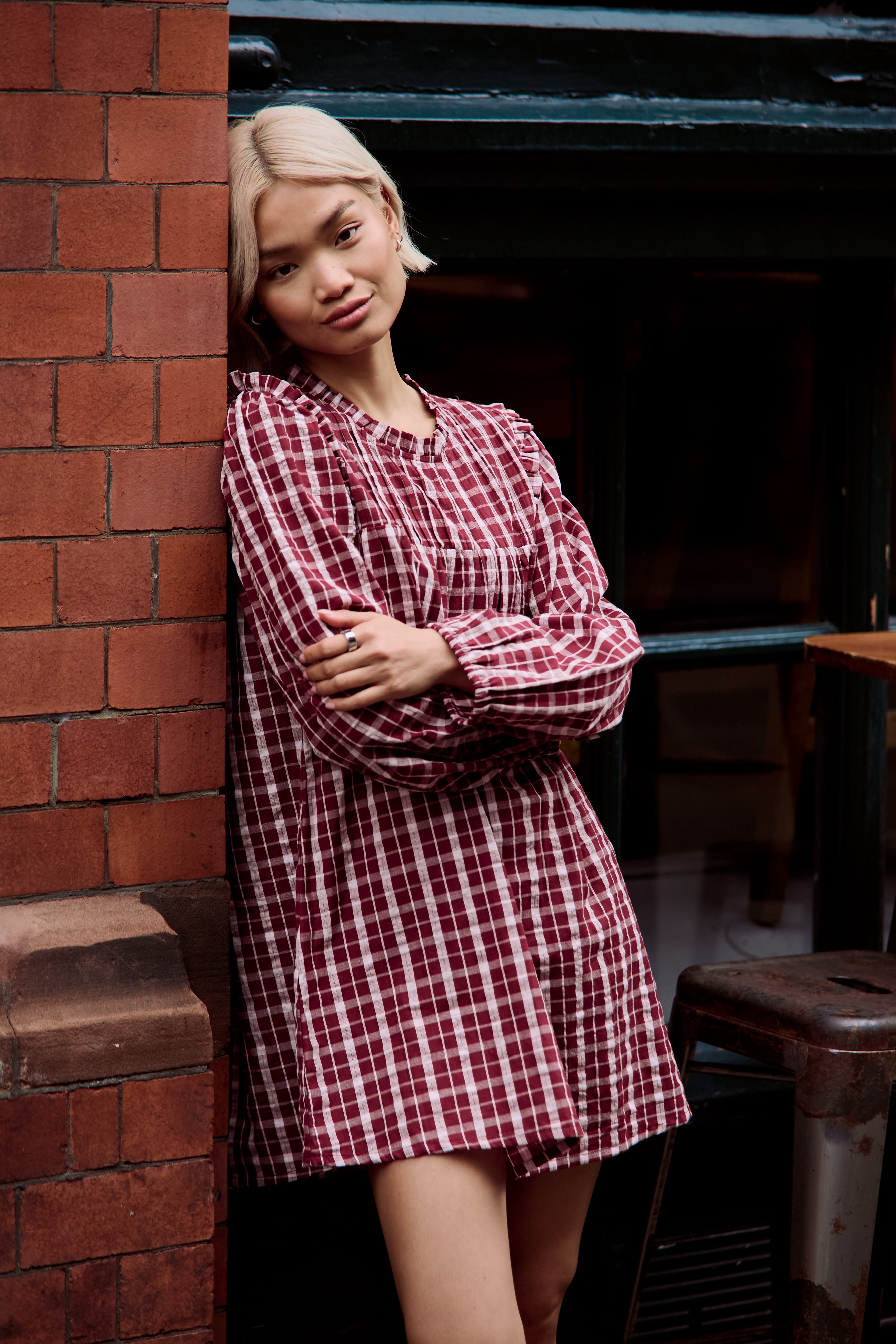 Mia High Neck Textured Check Mini Smock Dress