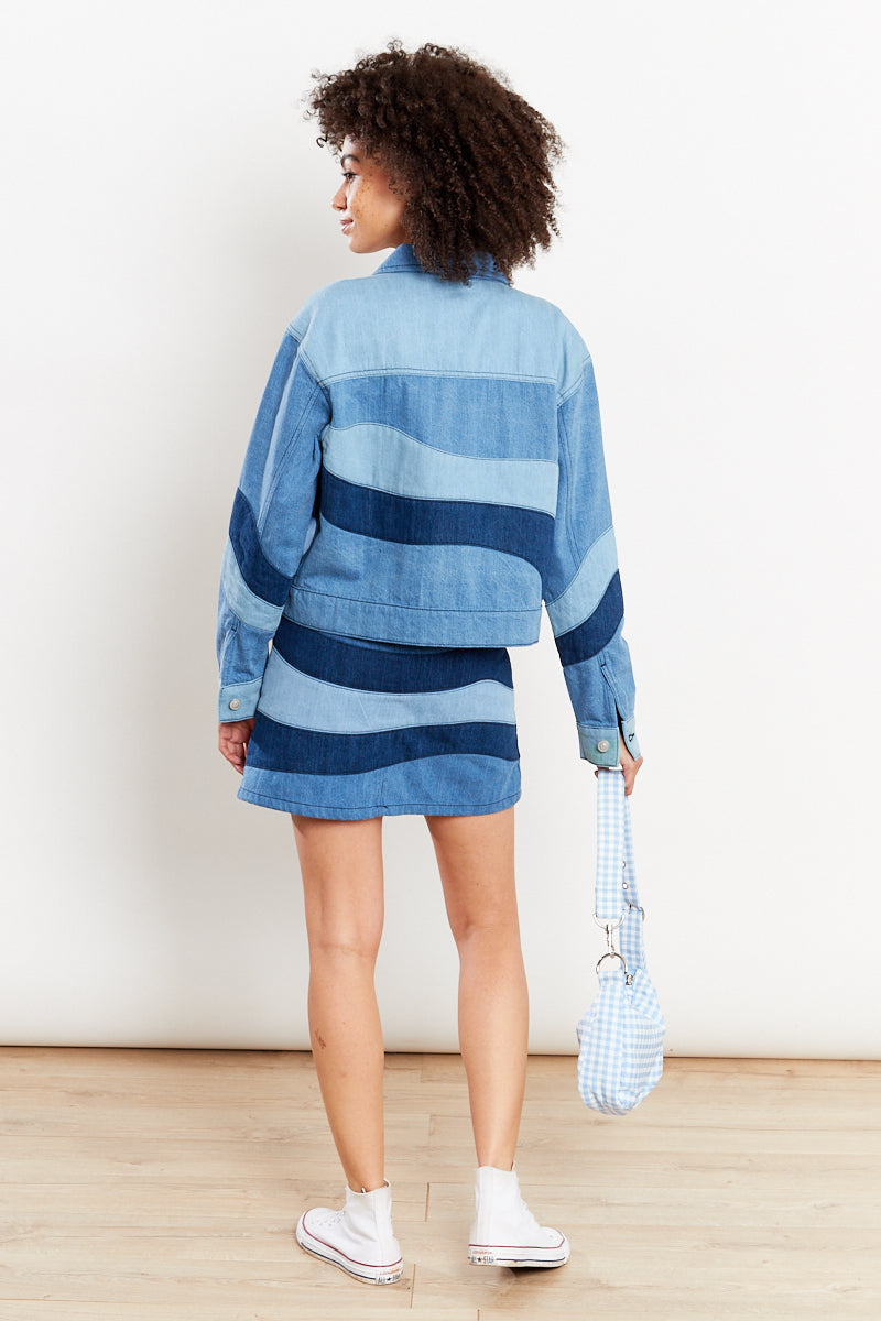Tonal Patchwork Denim Jacket - Blue