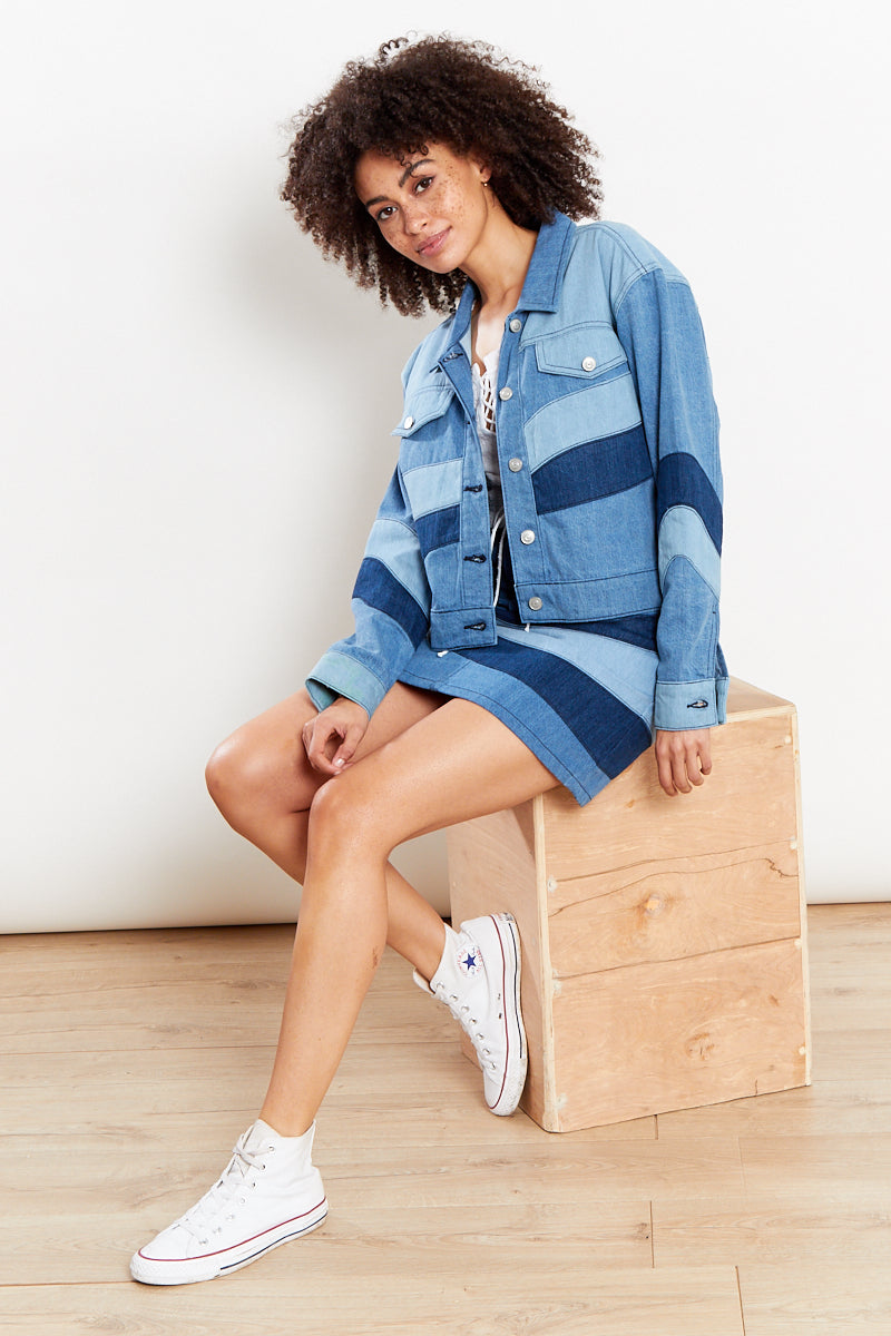 Tonal Patchwork Denim Jacket - Blue