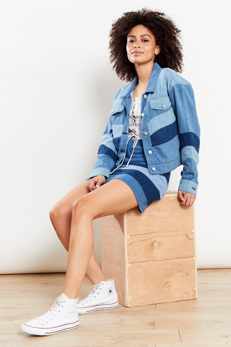 Tonal Patchwork Denim Jacket - Blue