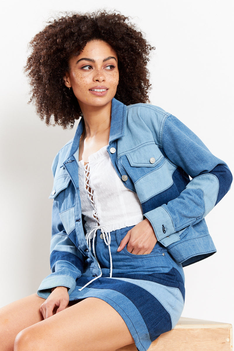 Tonal Patchwork Denim Jacket - Blue