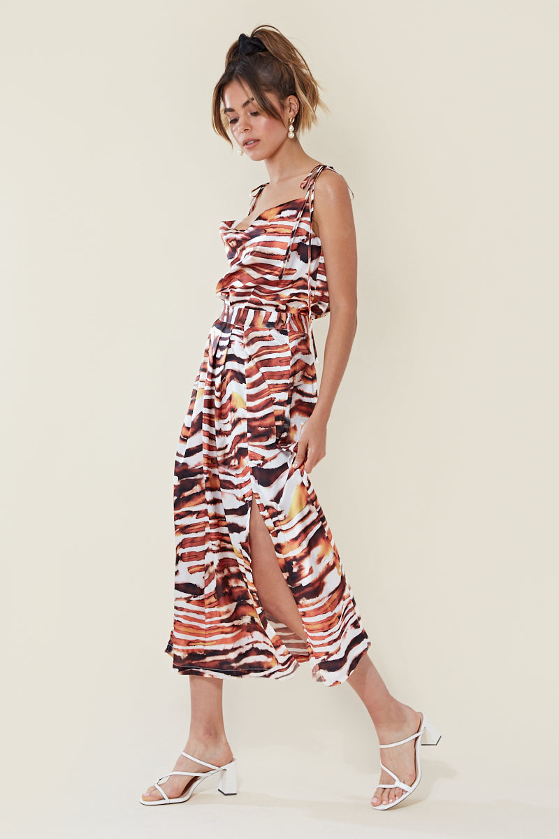 Tiger Print Pleat Split Front Midi Skirt </br> Multi
