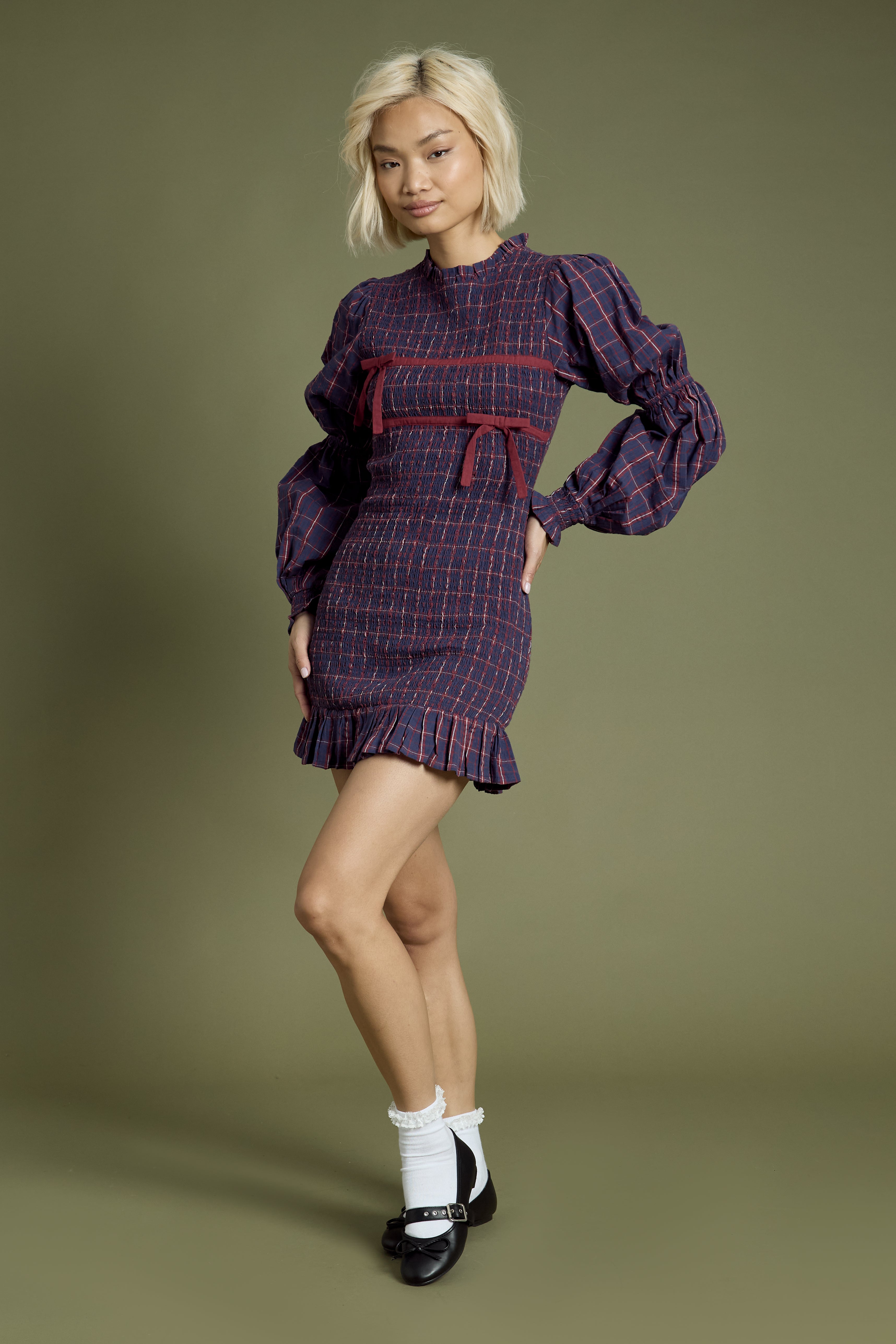 Meredith Check Print Ribbon Detail Shirred Mini Dress