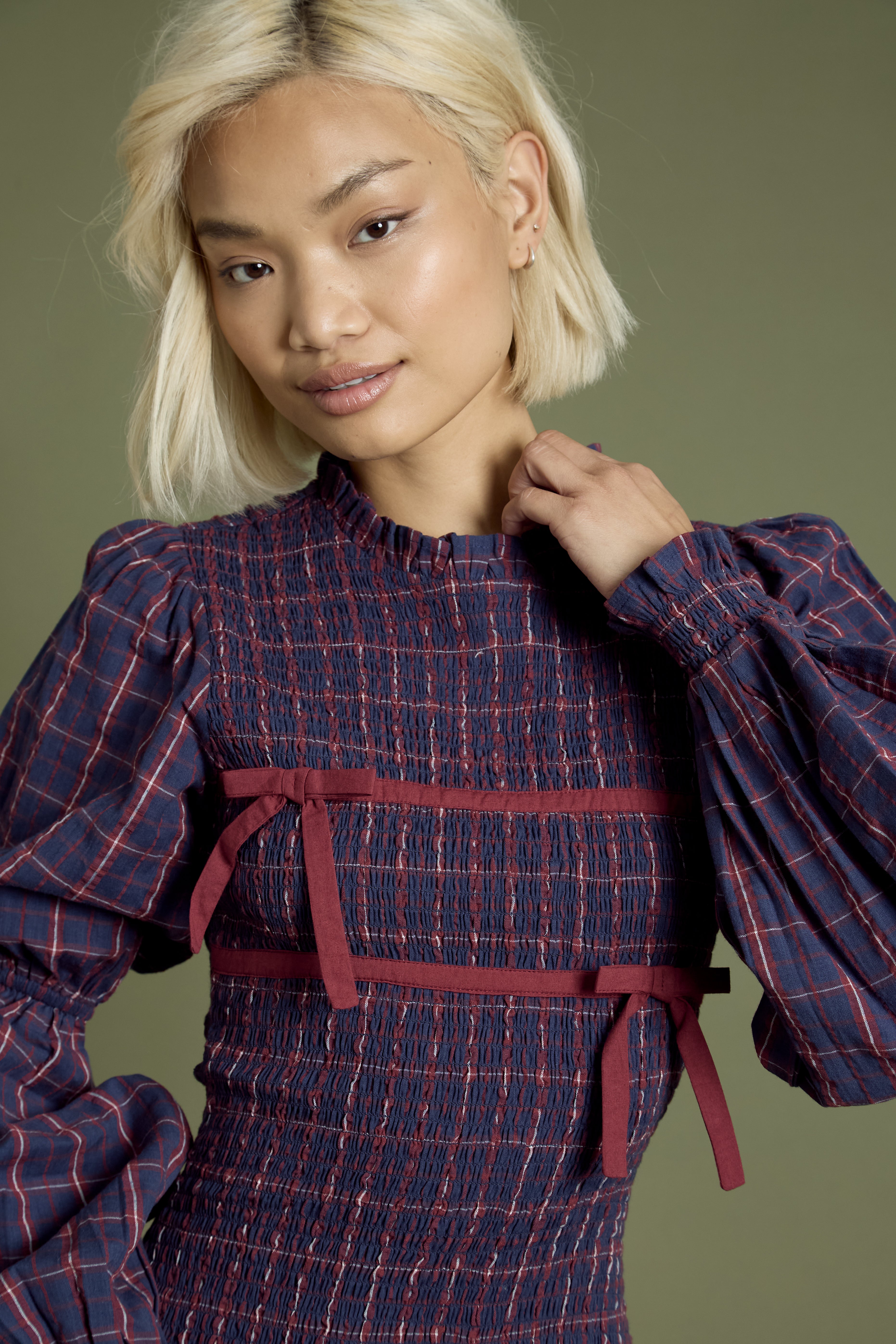 Meredith Check Print Ribbon Detail Shirred Mini Dress