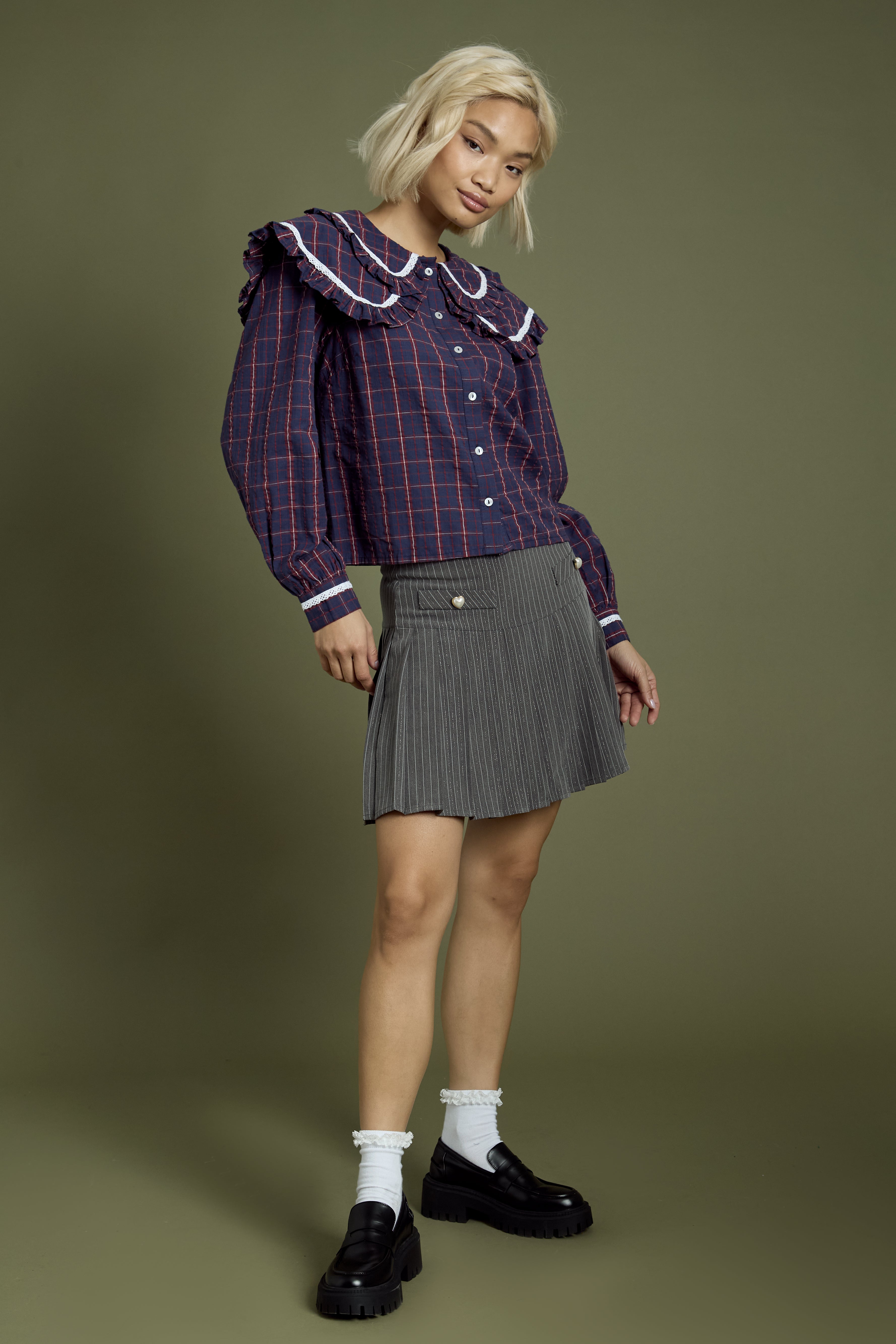 Meredith Check Print Layered Collar Blouse