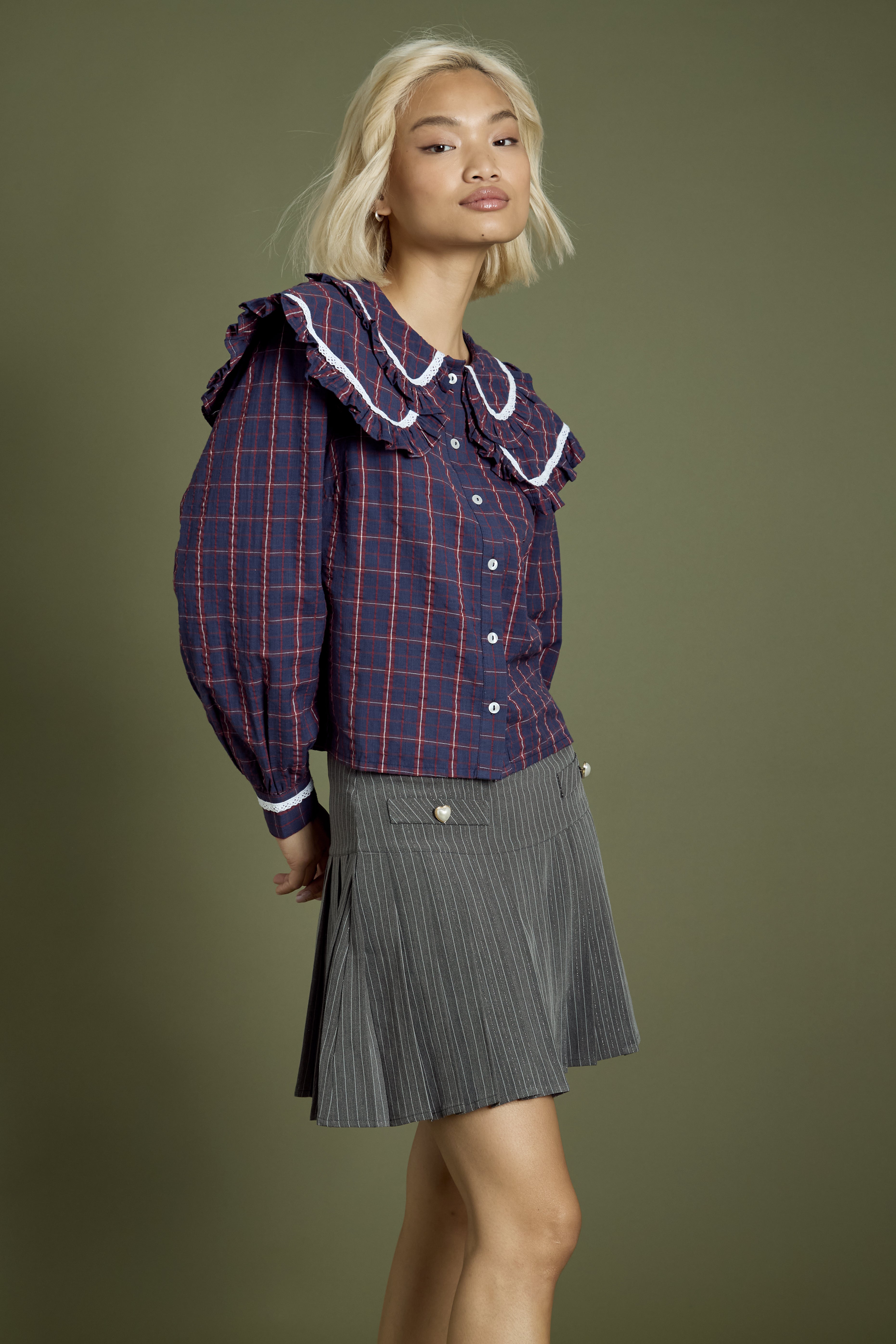 Meredith Check Print Layered Collar Blouse