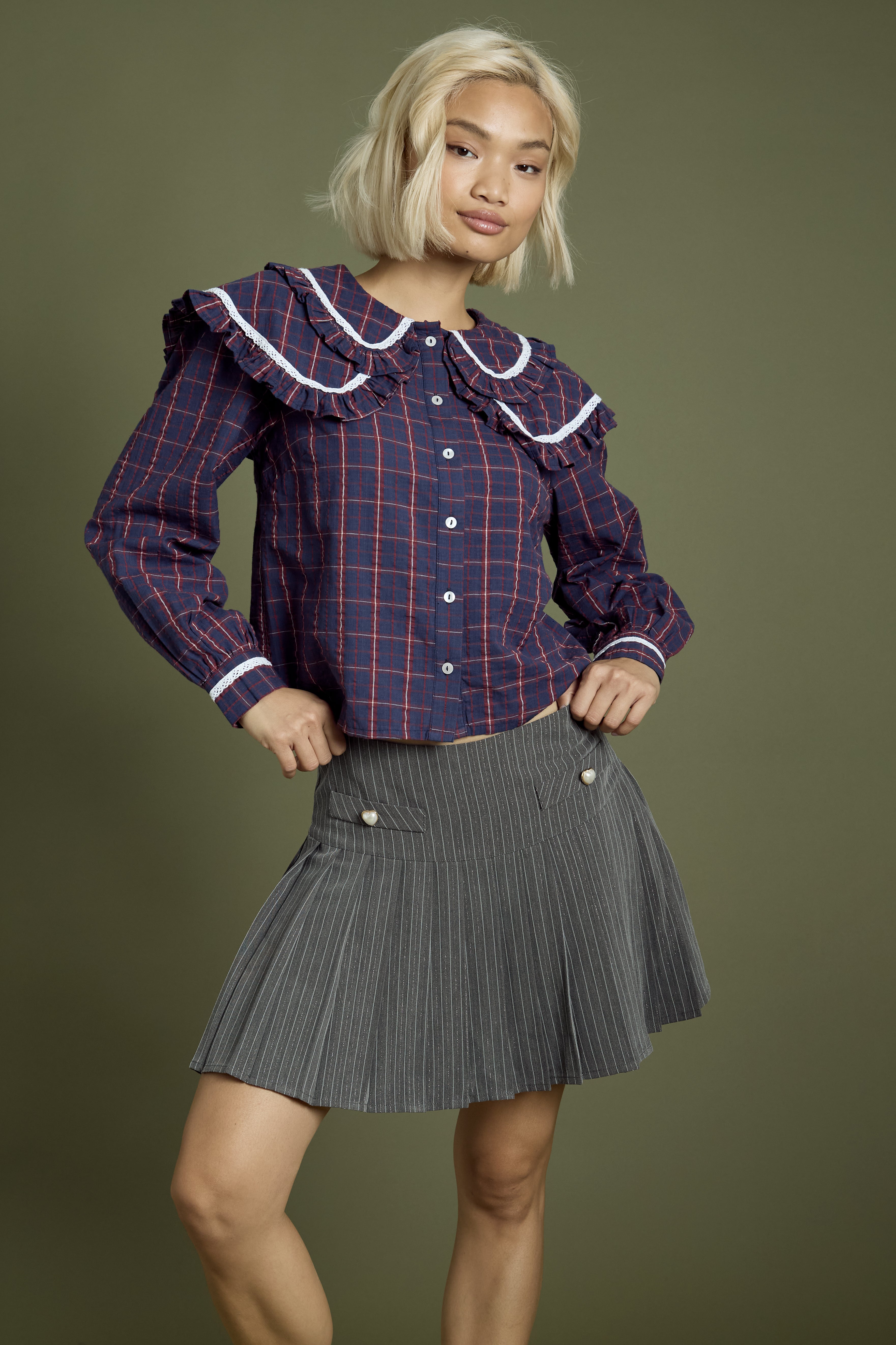 Meredith Check Print Layered Collar Blouse