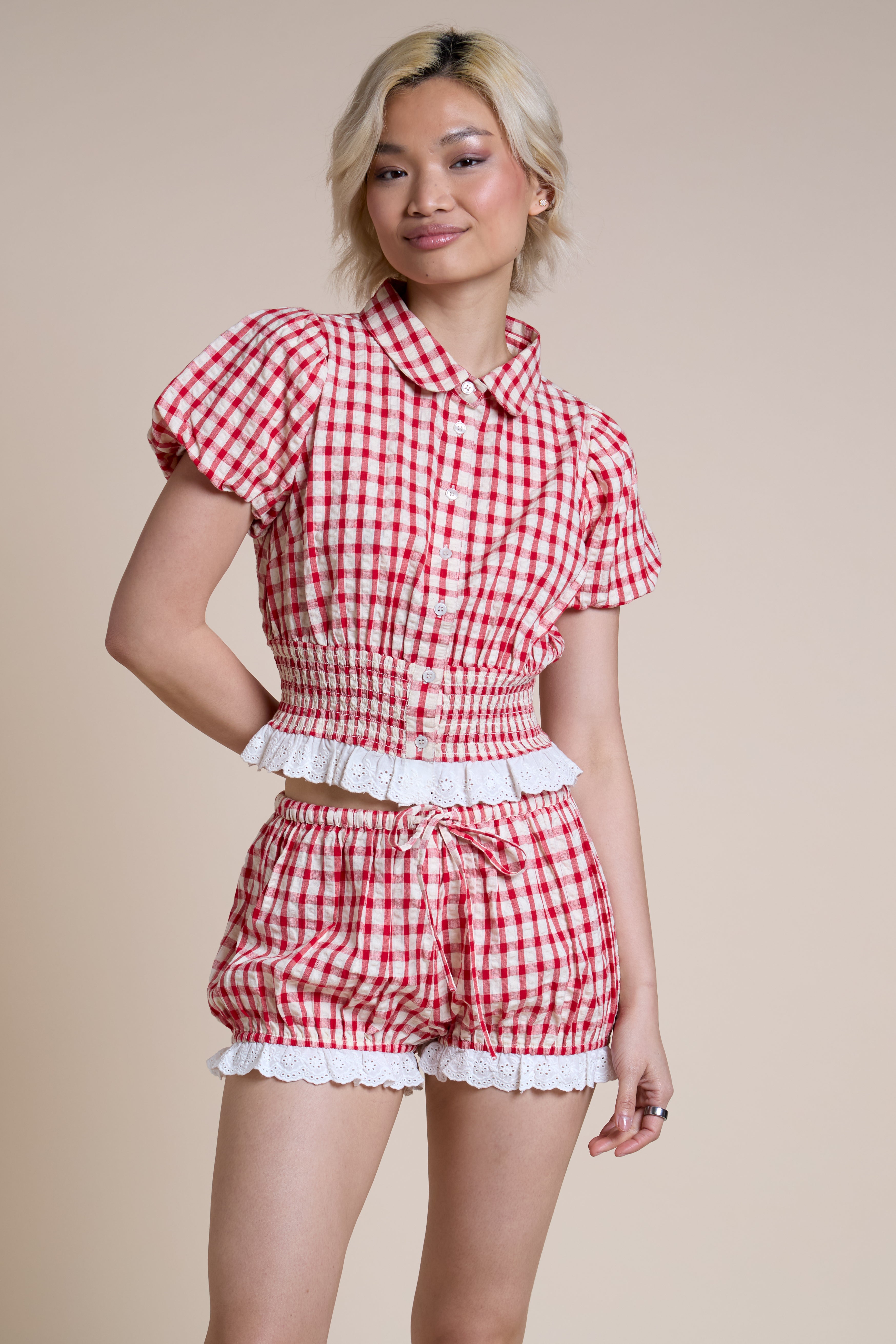 Thea Shirred Collared Ruffle Check Top