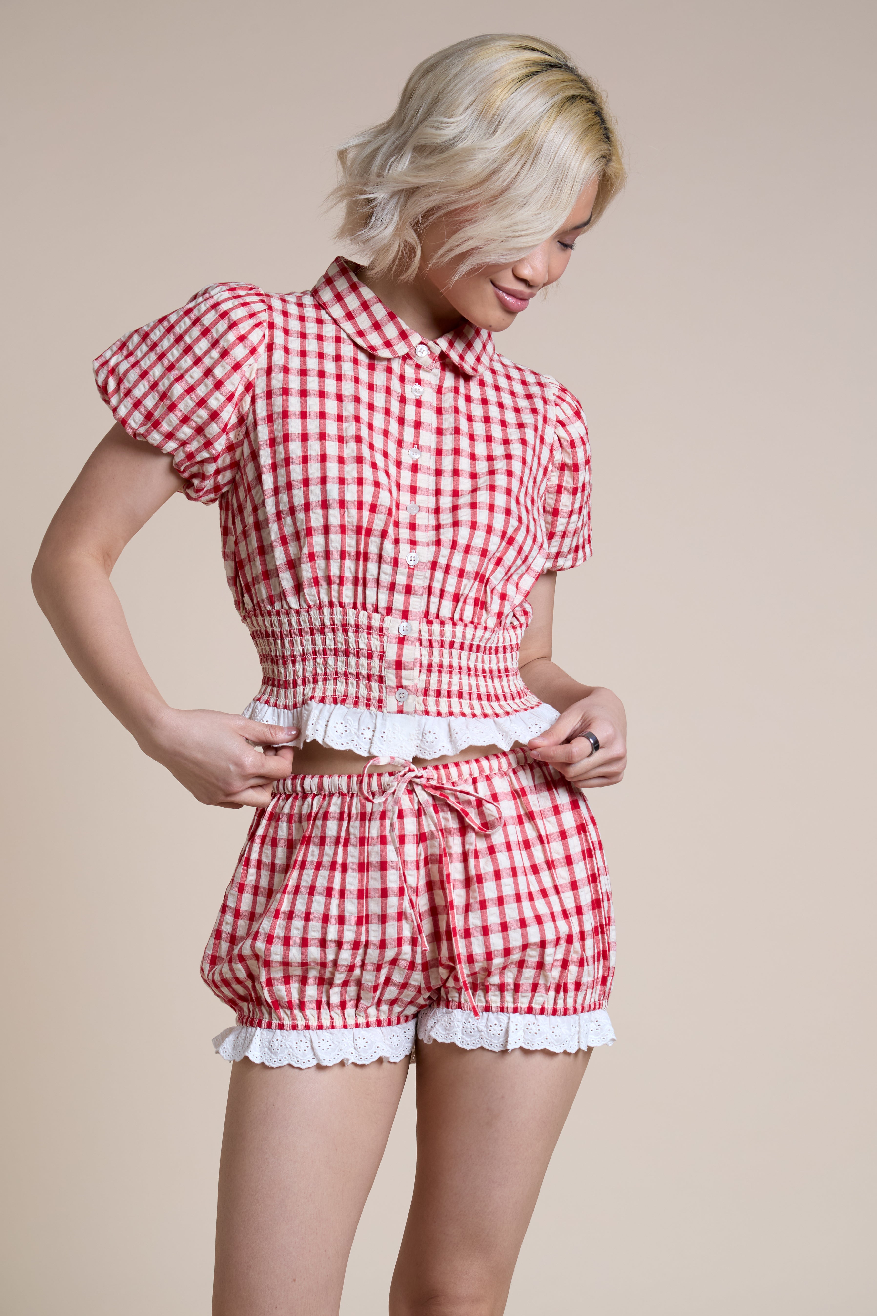 Thea Shirred Collared Ruffle Check Top