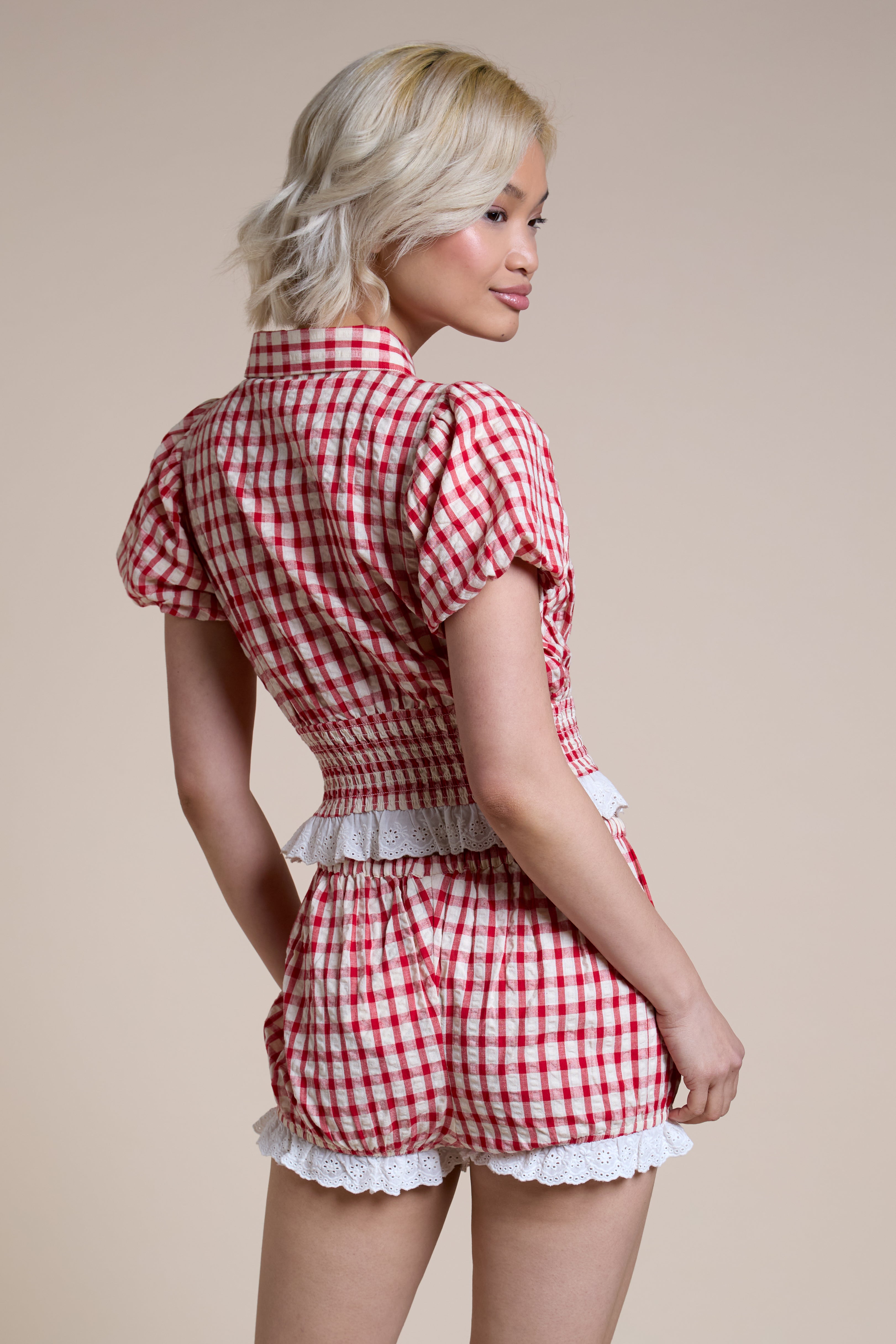 Thea Shirred Collared Ruffle Check Top