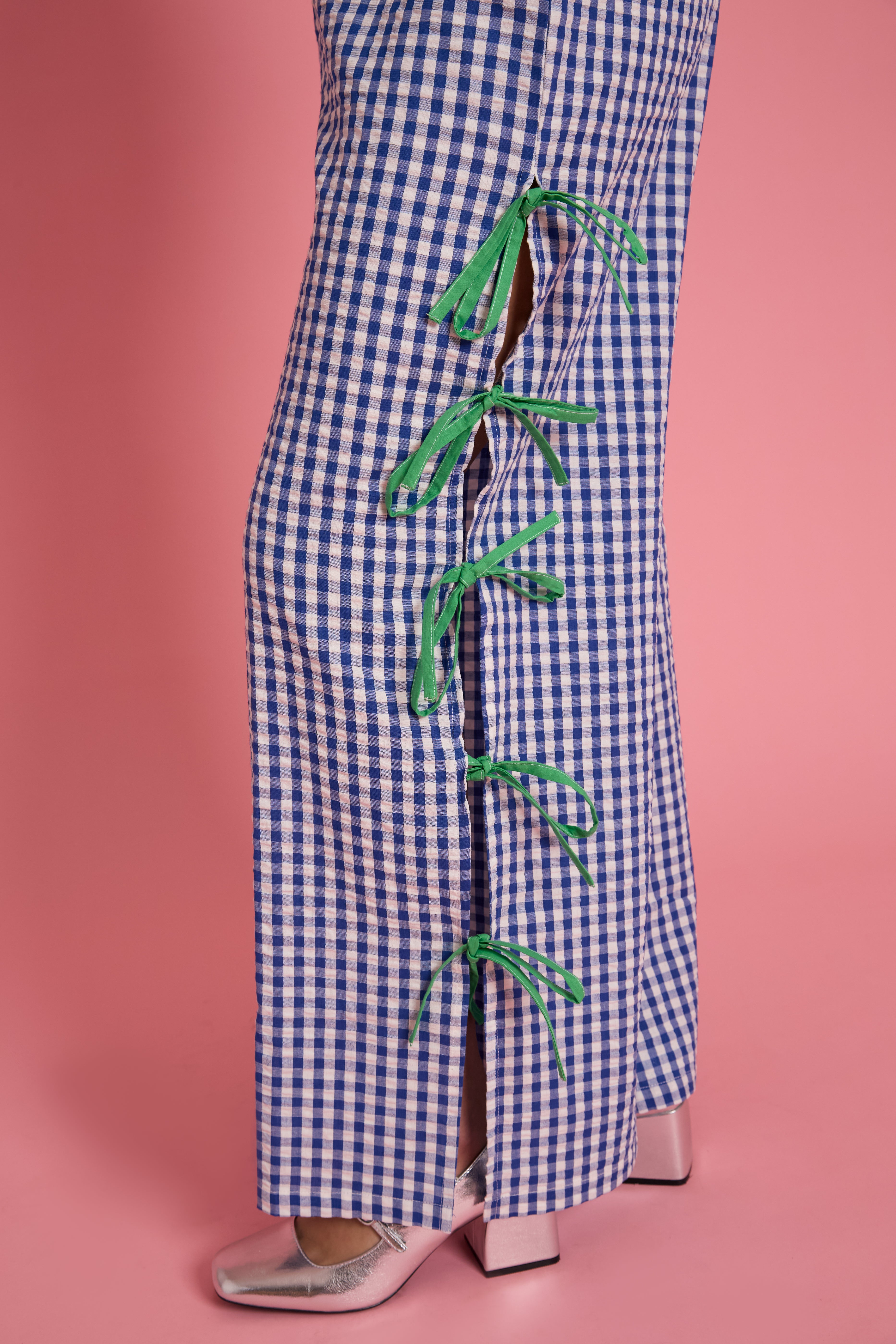 Lola Gingham Bow Wide Leg Trousers - Curve