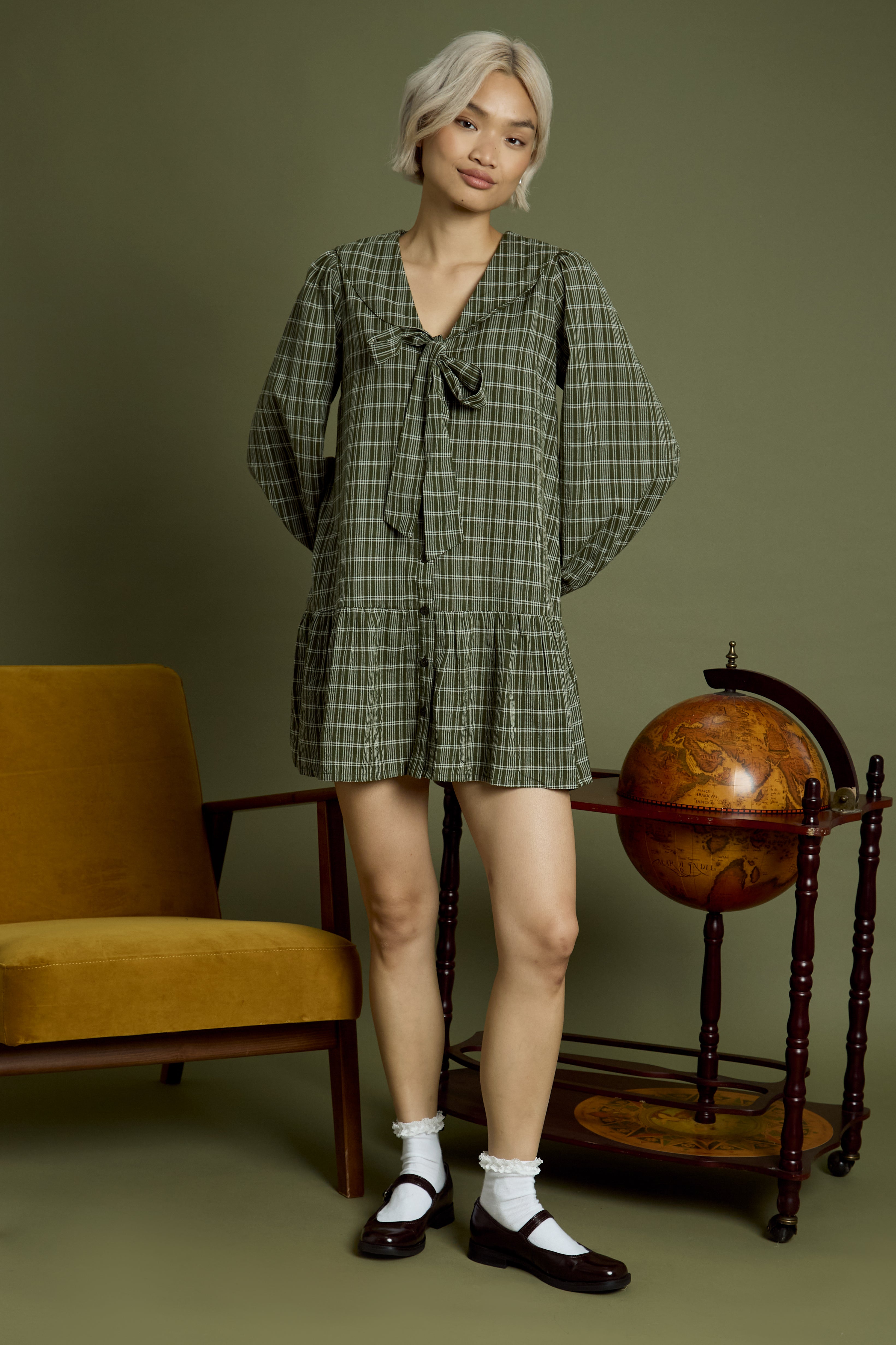 Rhea Bow Detail Check Mini Smock Dress