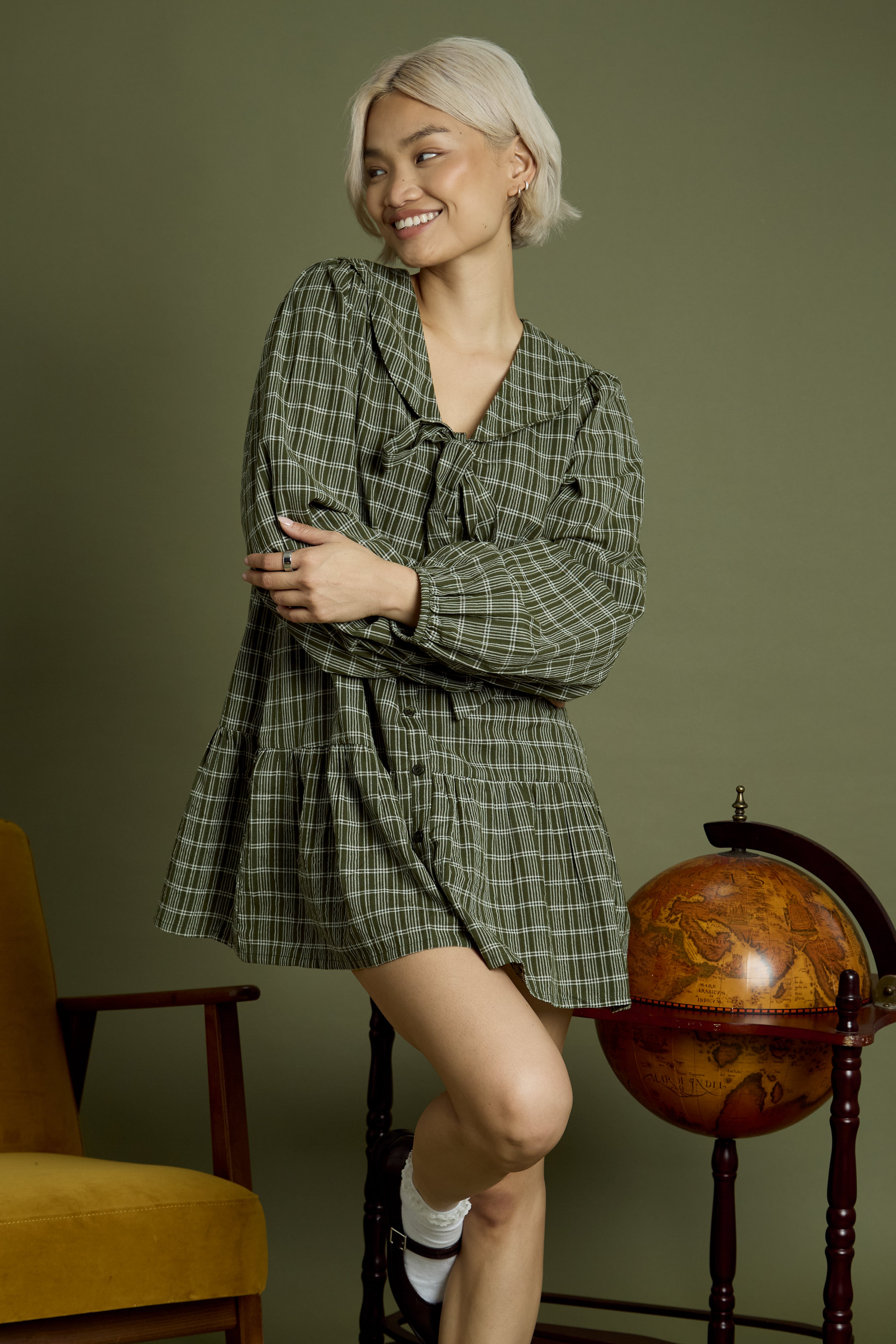 Rhea Bow Detail Check Mini Smock Dress