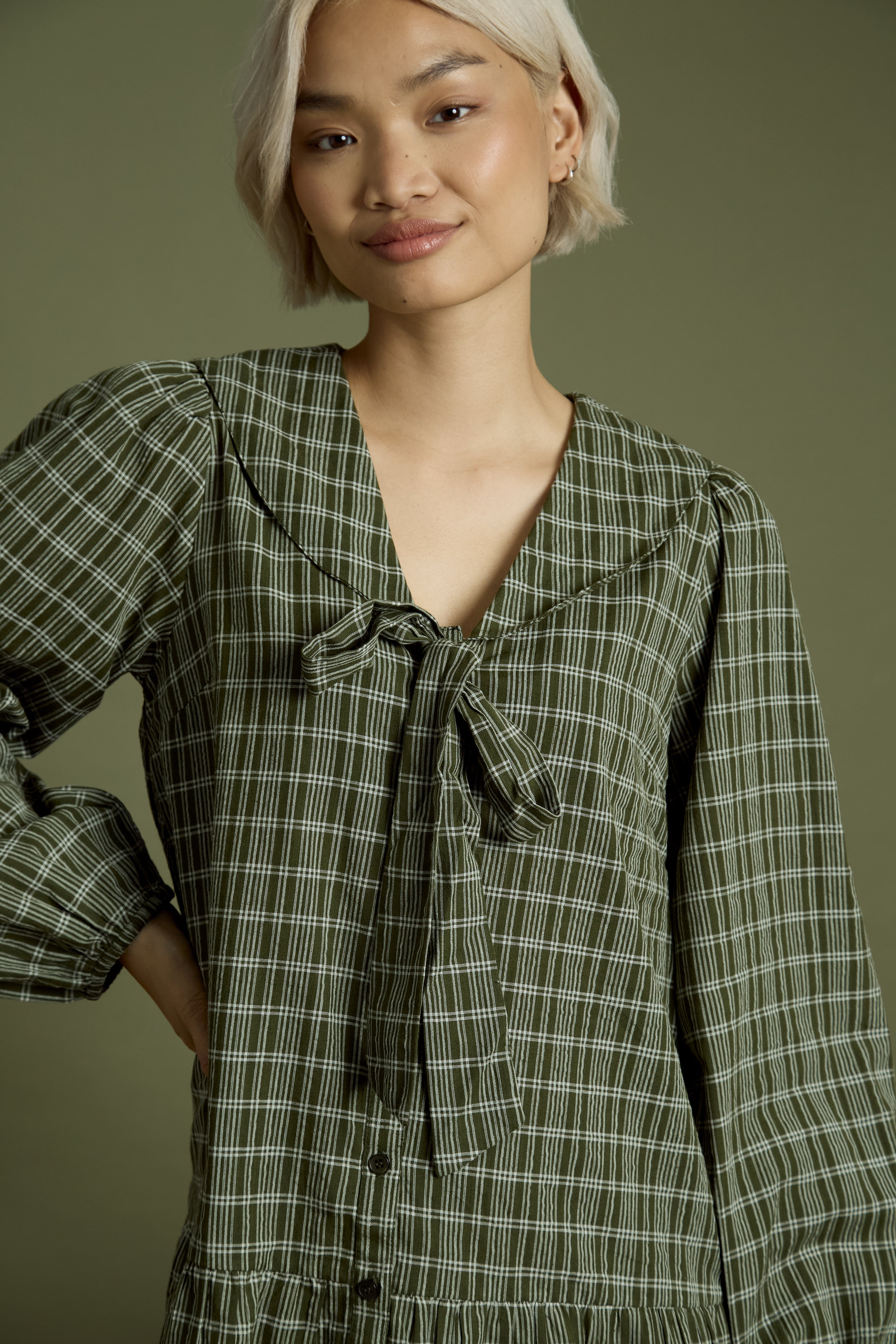 Rhea Bow Detail Check Mini Smock Dress