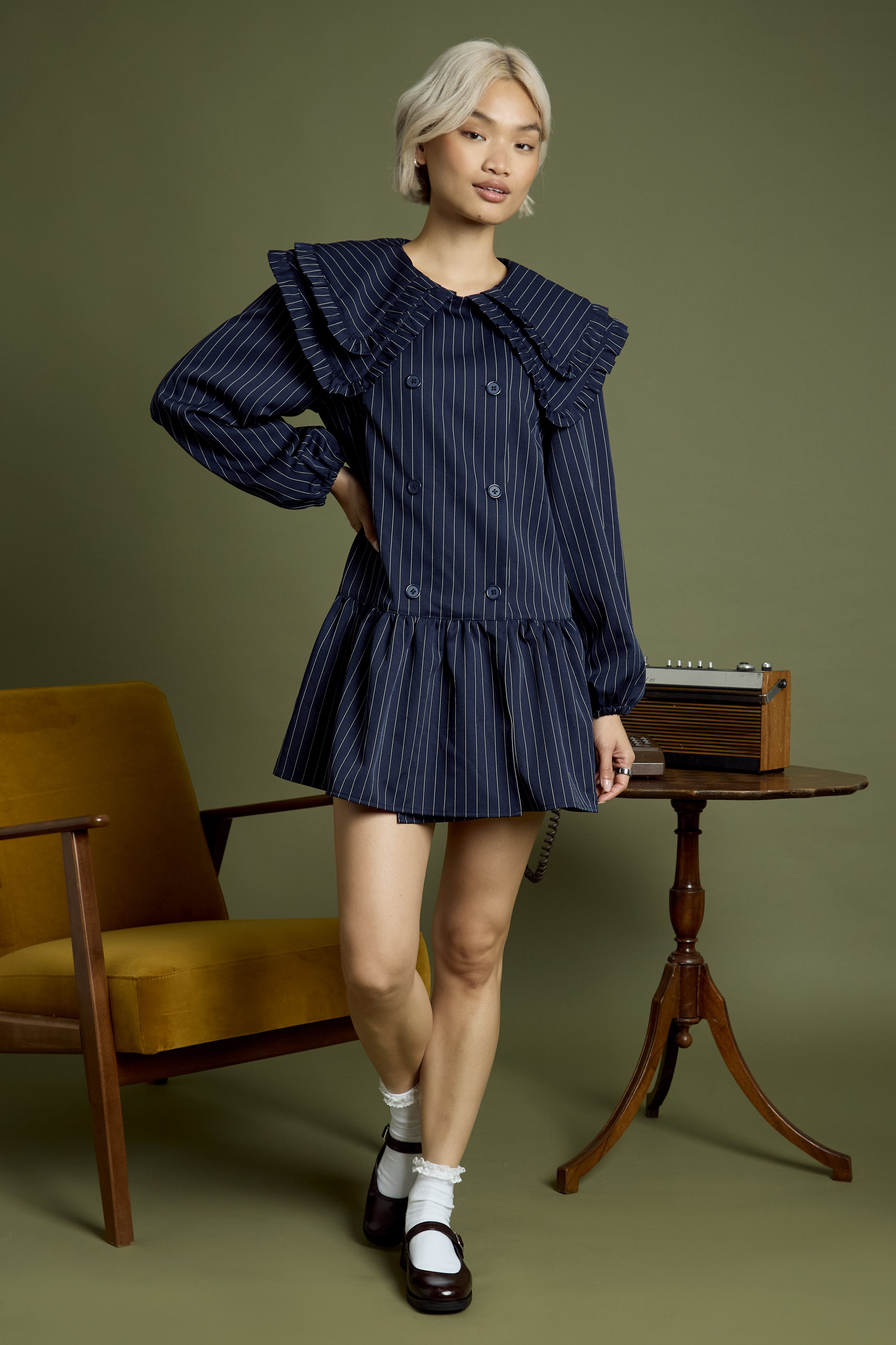 Vivienne Pinstripe Double Collar Mini Smock Dress