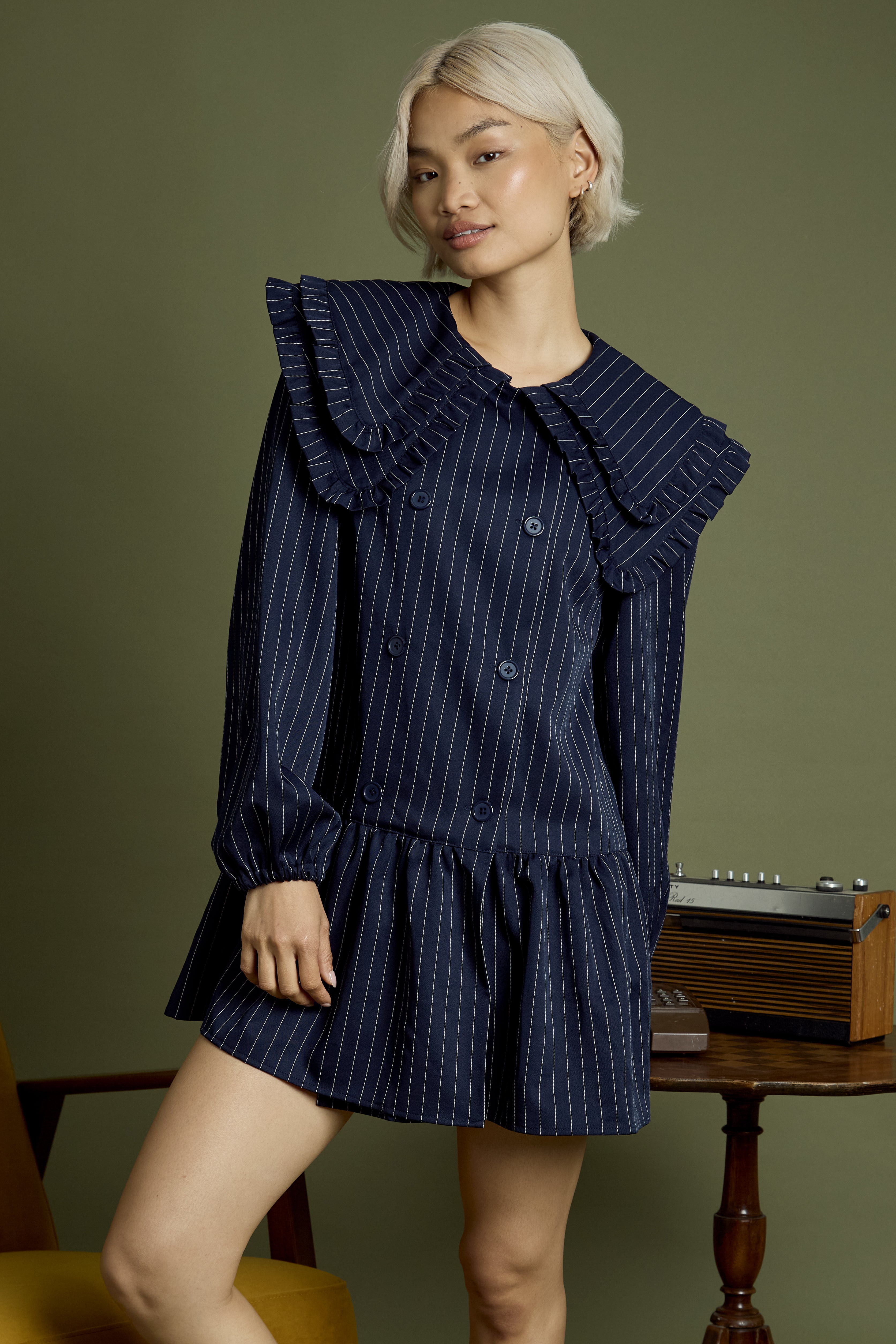 Vivienne Pinstripe Double Collar Mini Smock Dress