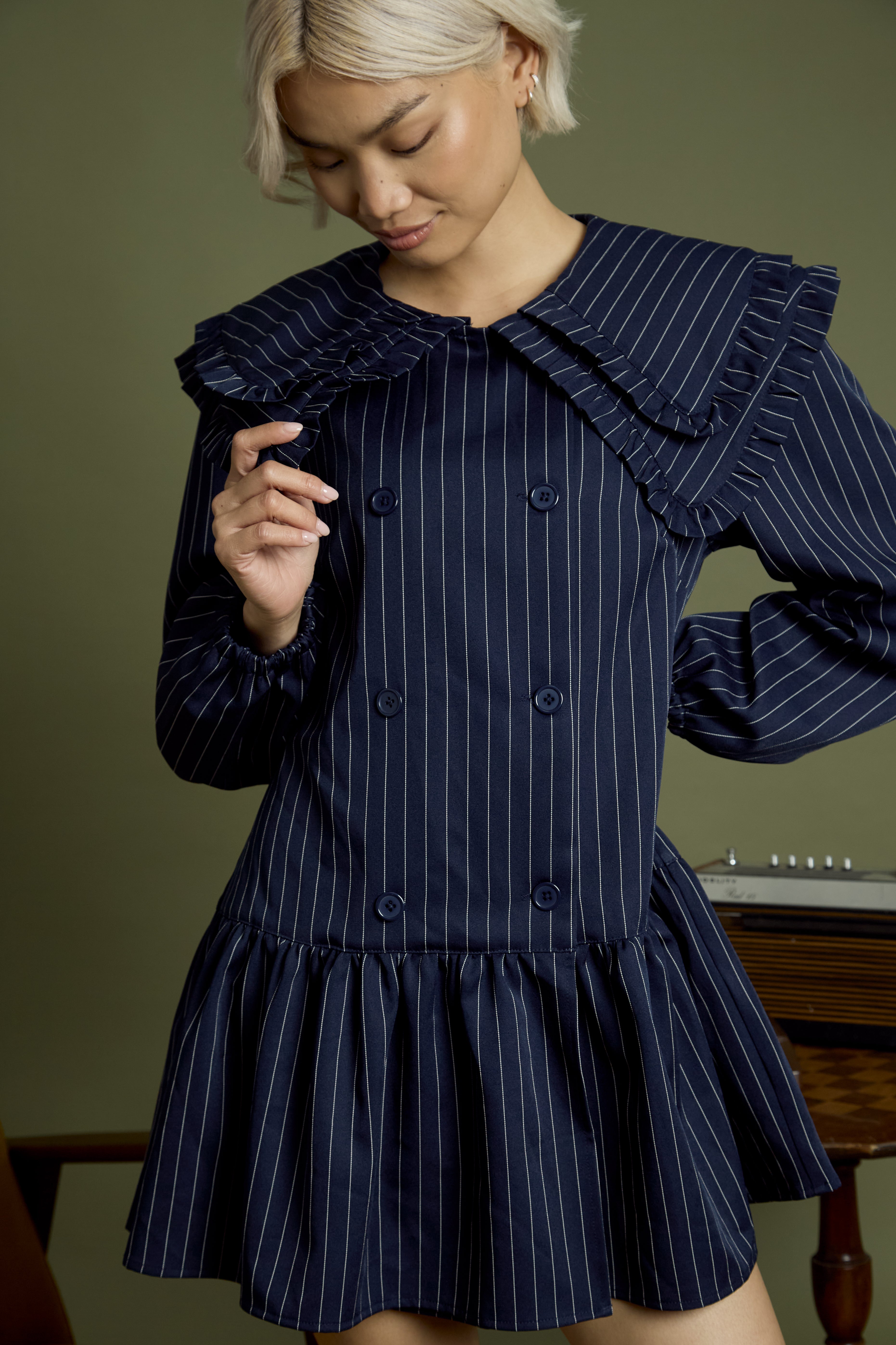 Vivienne Pinstripe Double Collar Mini Smock Dress