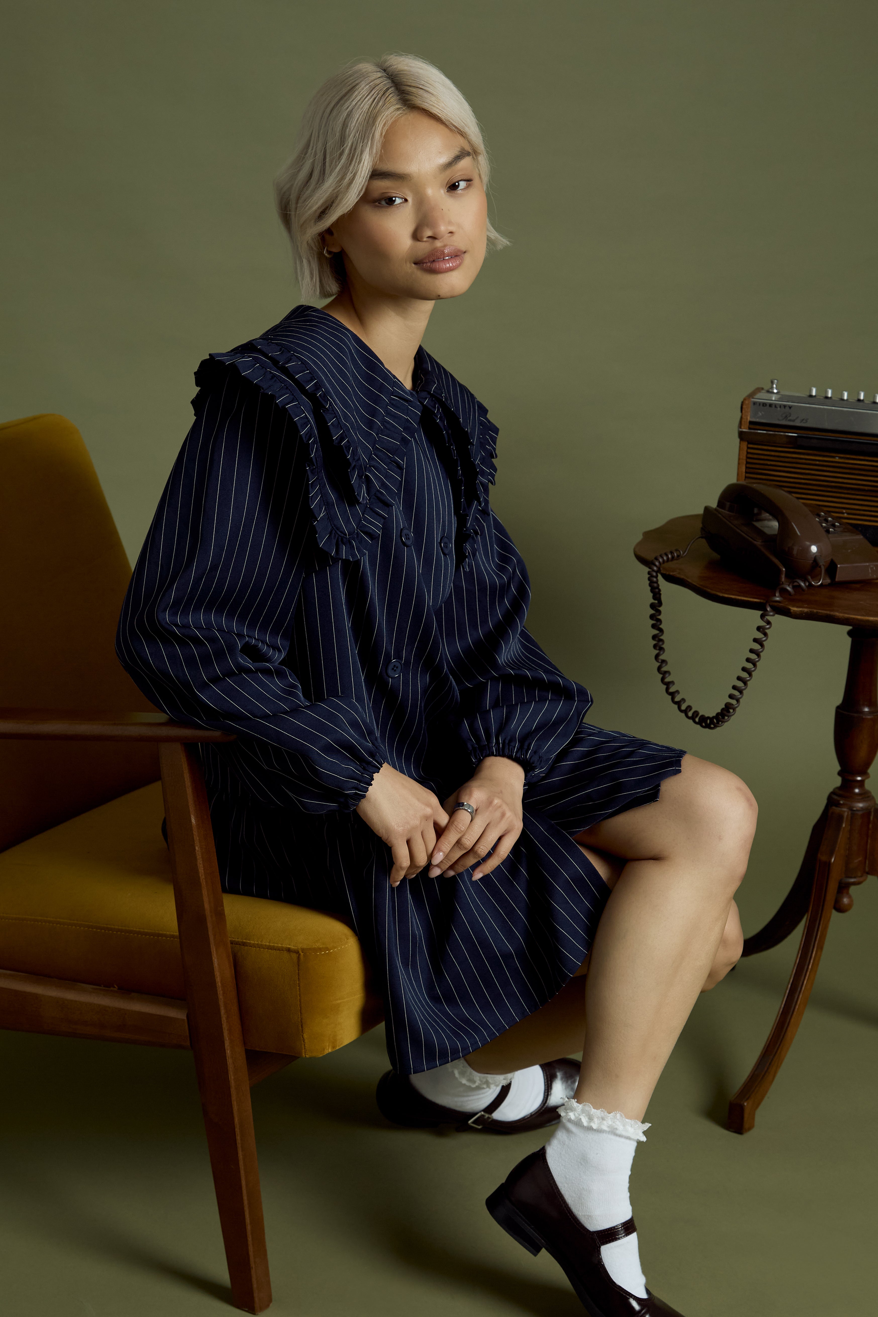 Vivienne Pinstripe Double Collar Mini Smock Dress