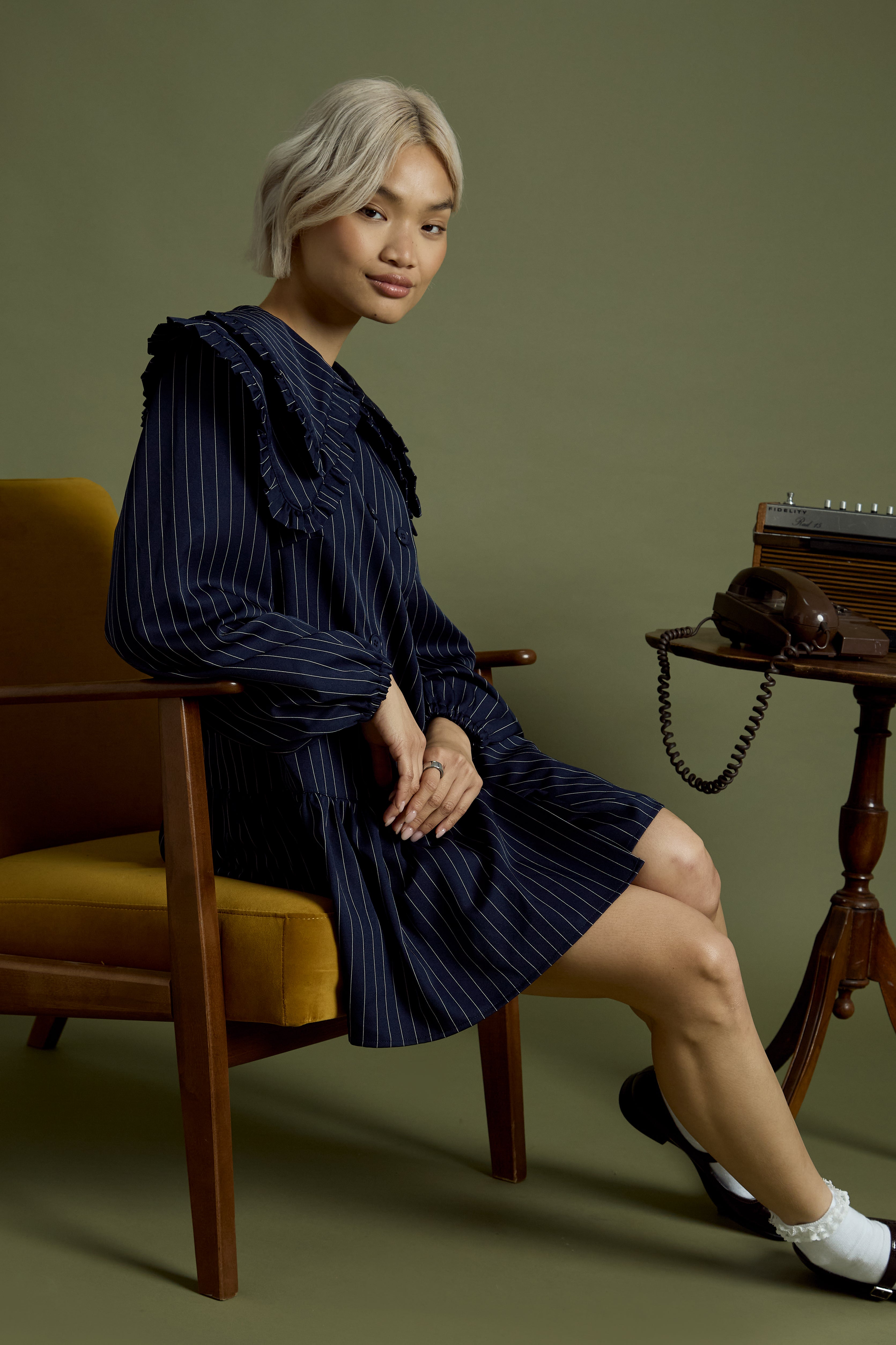 Vivienne Pinstripe Double Collar Mini Smock Dress